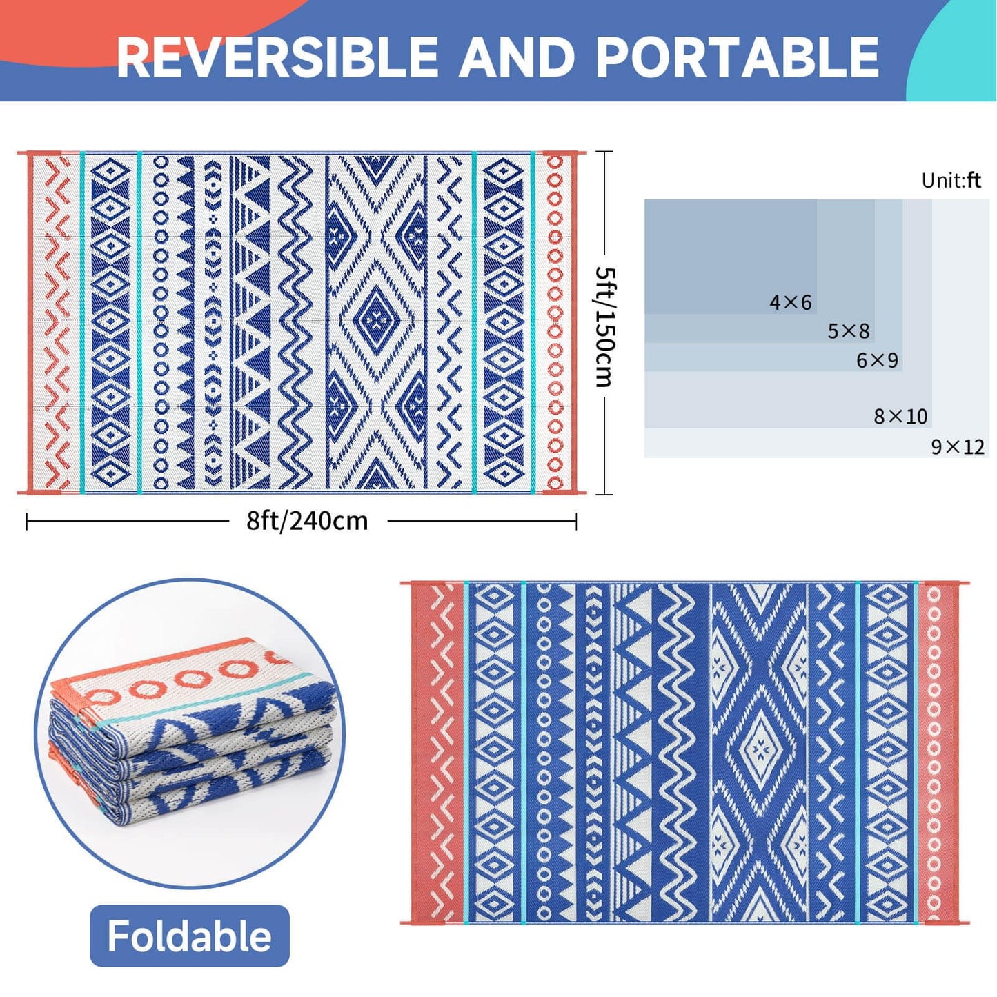 Outdoor Rugs Patio Camping Waterproof - 5x8 Plastic Straw Patio Rug Portable for Campers, Outside RVs Mat, Outdoor Area Carpet for Patios Clearance, Backyard Porch, Balcony, Picnic