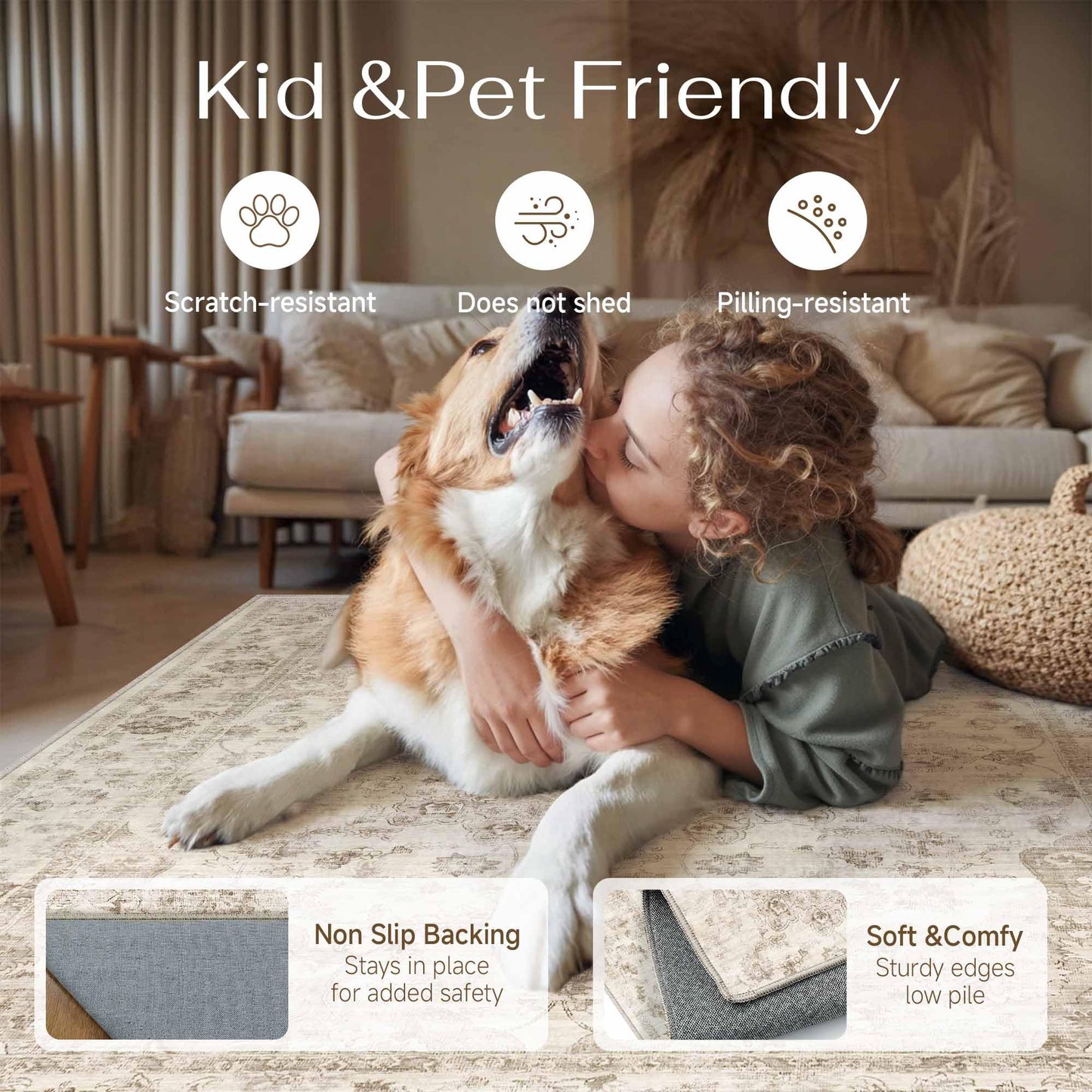 WondRg 8x10 Washable Neutral Area Rug Beige Vintage Living Room Bedroom Carpet Non-Slip Soft Low Pile Farmhouse Indoor Large Throw Rug for Dining Room Office