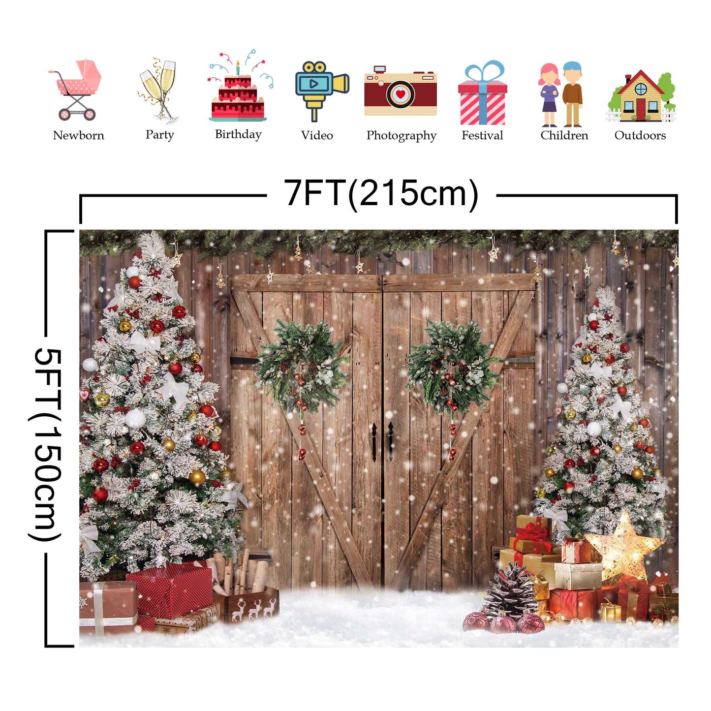 Felortte 7x5FT Polyester Fabric Winter Christmas Rustic Barn Wood Door Photography Backdrop Xmas Tree Snow Background Banner for Family Holiday Party Decoration Supplies Photo Studio Props Pictures