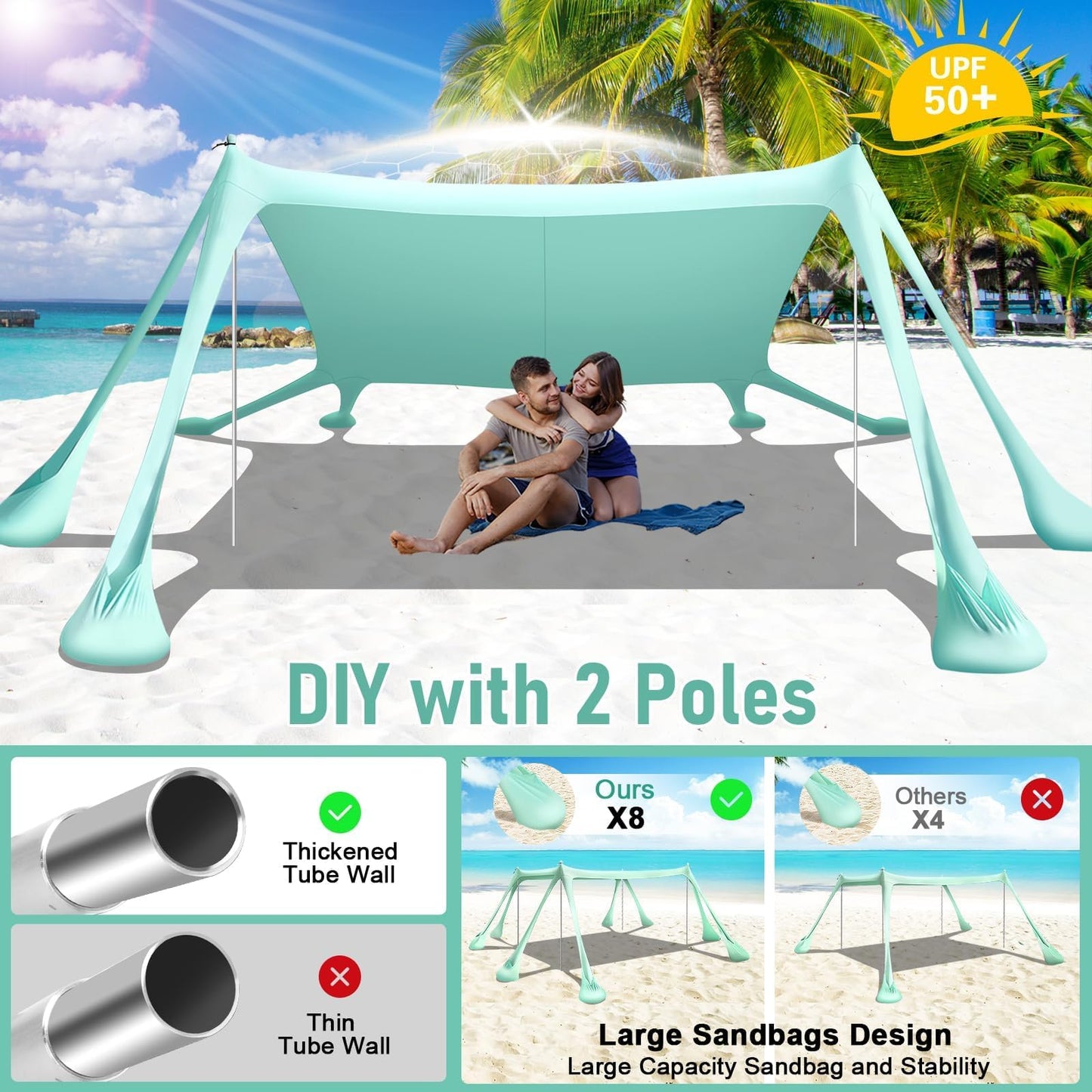 Ahititi Beach Tent Sun Shelter Beach Canopy Tent Sun Shade Pop Up 10x10 UPF50+ with 8 Sandbags-2 Sand Shovel-Portable 4 Aluminum Poles-Ground Pegs-Easy Setup for Outdoor Family Camping Fishing Picnic