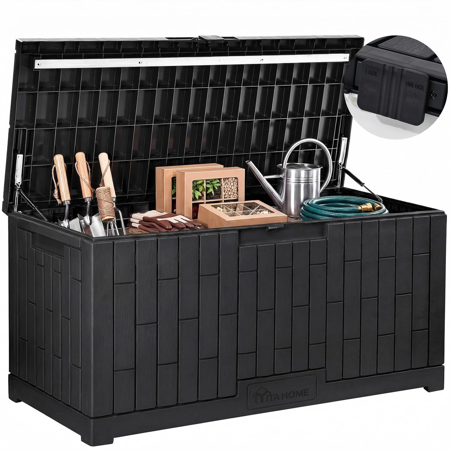 YITAHOME Large Outdoor Storage Box, 120 Gallon Waterproof Resin Deck Box with Slide-Locking Lid, Patio Storage Bin and Bench Seat for Garden Tools, Cushions & Pool Supplies, Easy Assembly, Black