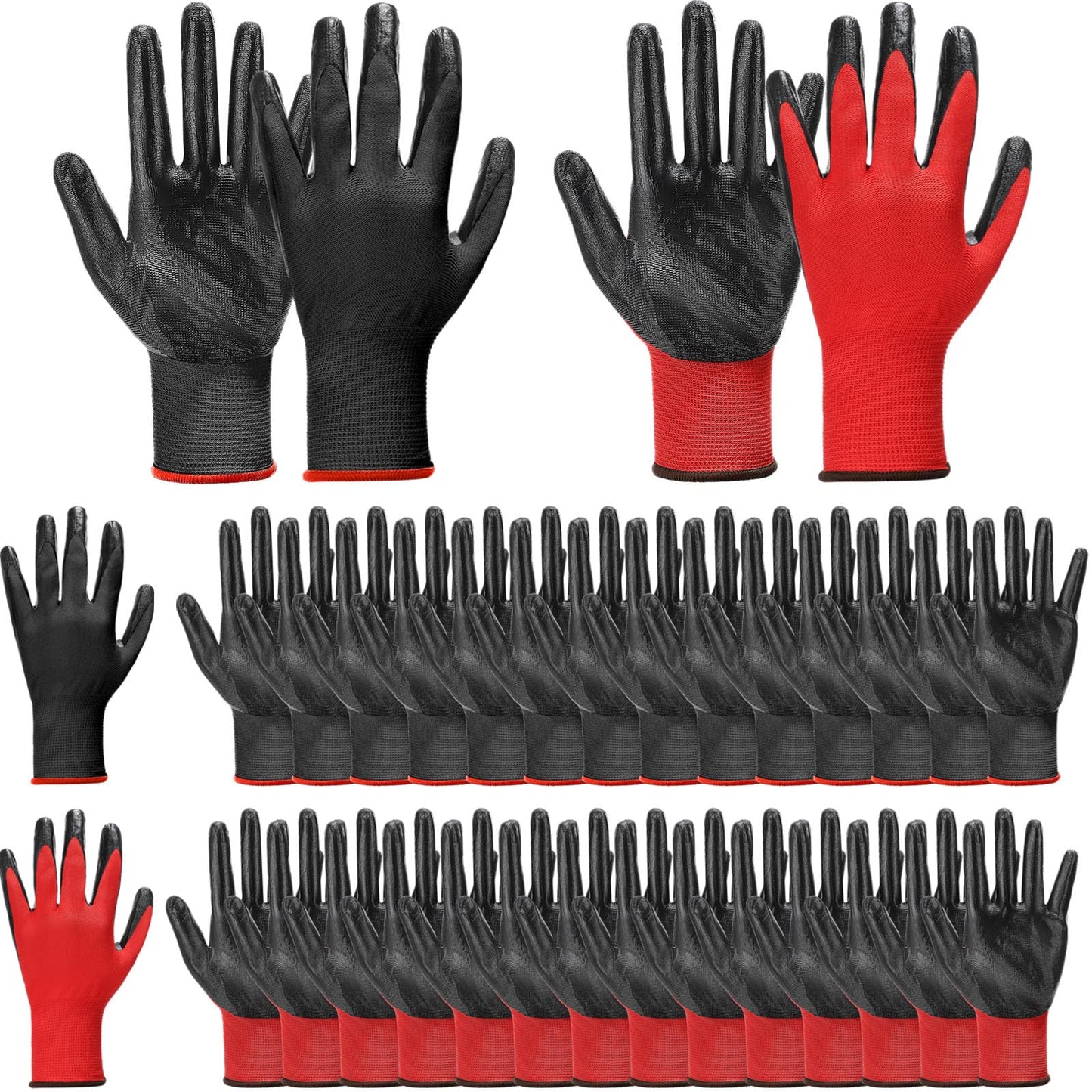 Xtinmee 50 Pair Nitrile Coated Work Gloves for Men Bulk Red Safety Work Gloves for Women Garden Grip Touch Screen Warehouse Construction Utility Mechanic