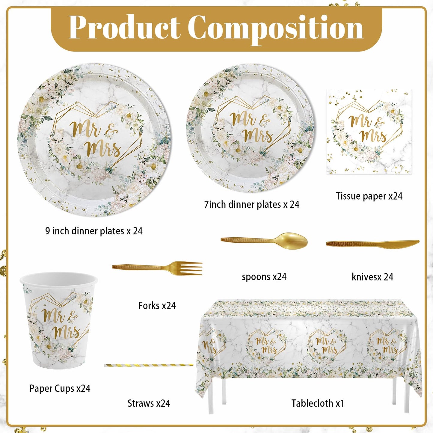 MEHOFOND 193 pcs White Wedding Party Decorations, Mr and Mrs Paper Plates Cup and Nakpins Set, Floral Wedding Disposable Dinnerware with Tablecloth, Bridal Shower Disposable Party Supplies, 24 Guests