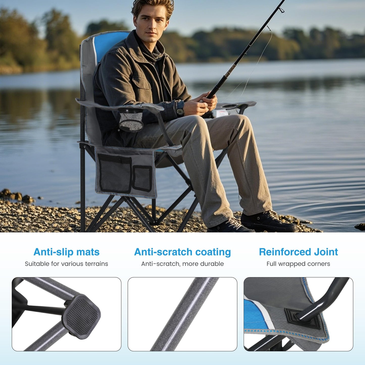 LET'S CAMP Oversized Outdoor Folding Camping Chair, 2 Pack Heavy Duty Arm Chairs with Cup Holder and Storage Bag, 350 LBS Weight Capacity, Blue
