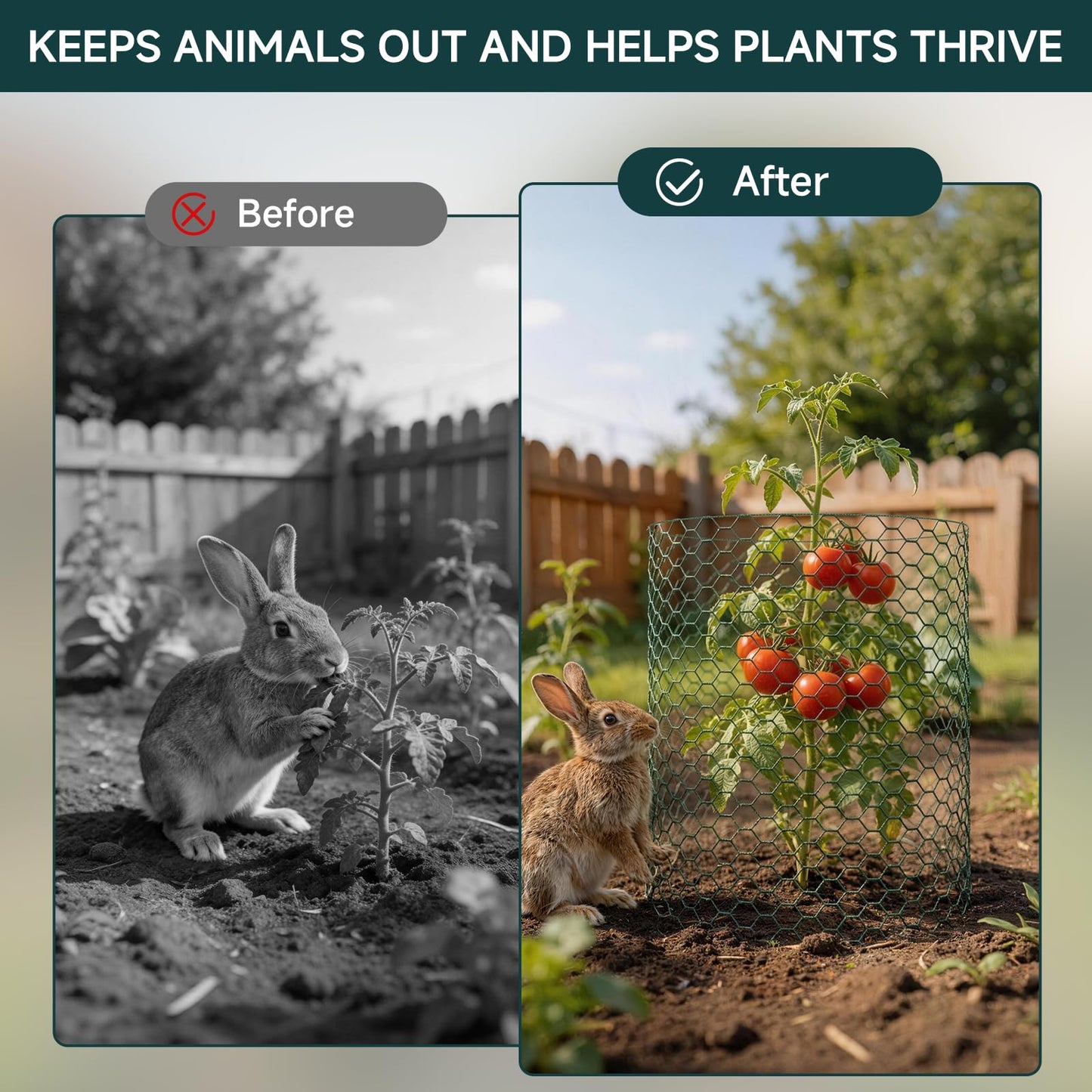 16In x 49.2Ft Plant Protectors from Animals, Wire Plant Cages for Outdoor Plants Chicken Wire Garden Protection from Animals Plant Fence Protectors to Keep Animals Out with Ground Stakes & Nylon Ties