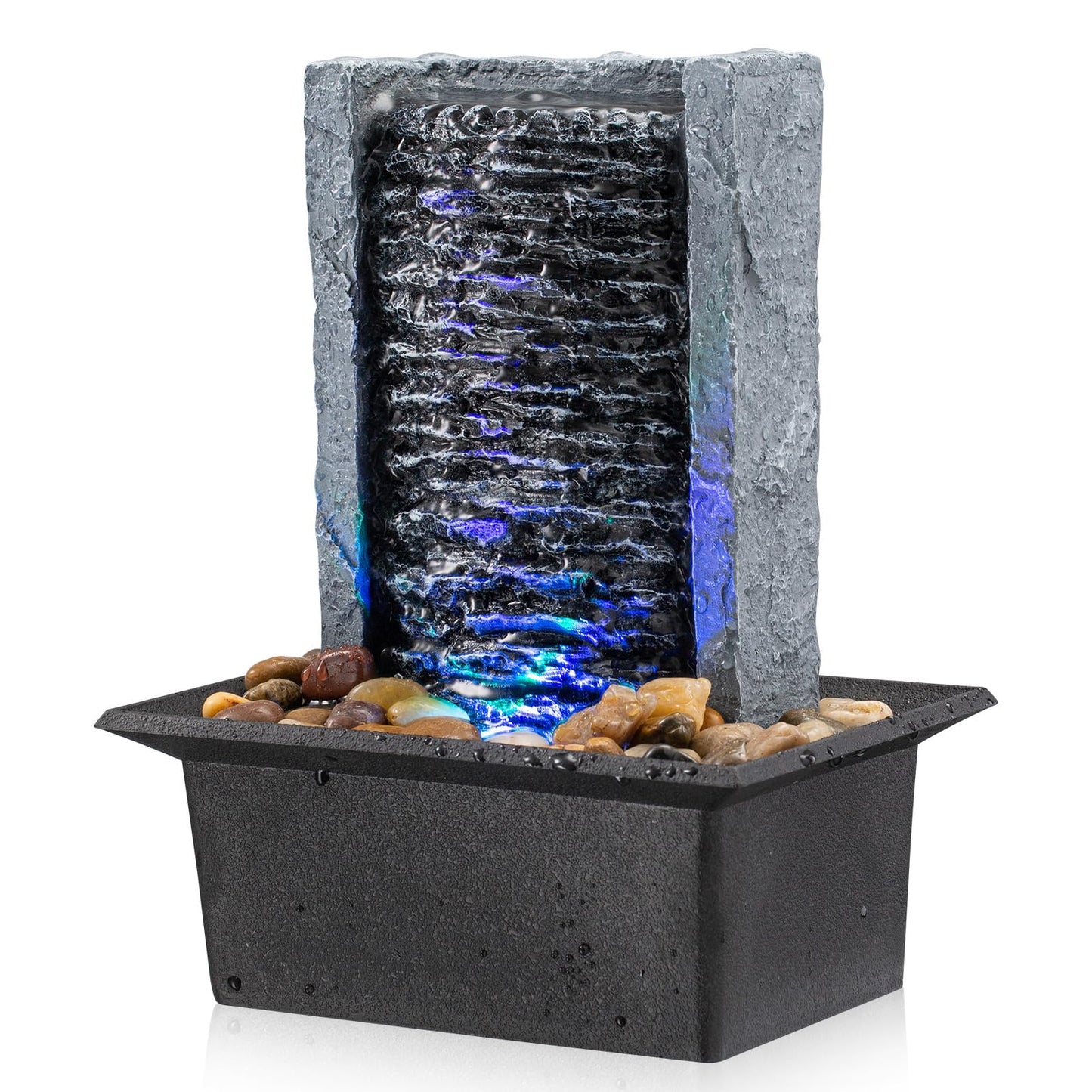 Tabletop Fountain Indoor Waterfall Rock Fountain LED-Lights Water Feature Waterfall for Modern Home and Office Indoor Decoration