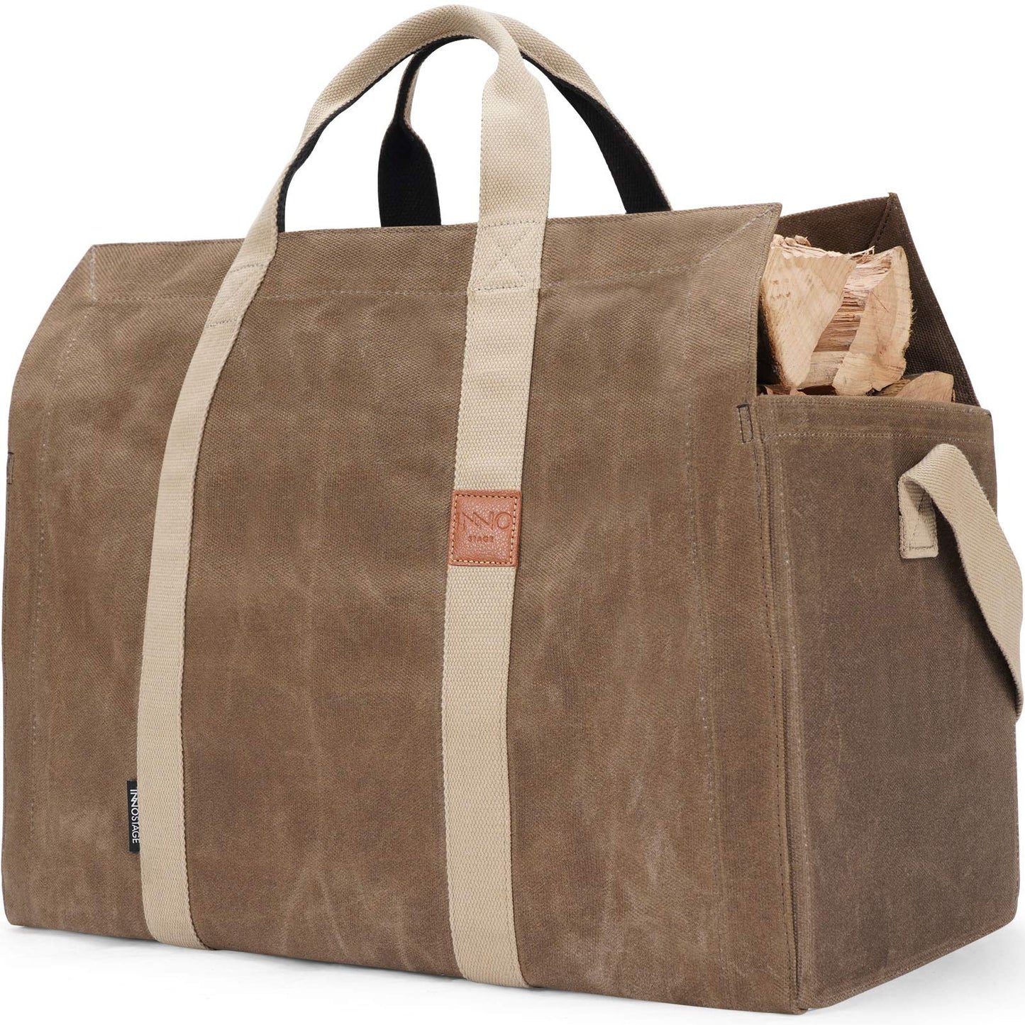 INNO STAGE Free-Standing Firewood Log Carrier Bag - 22 oz Thickened Waxed Canvas Fire Wood Holder Tote with Adjustable Shoulder Strap and Soft Handles for Camping or BBQ Barbecue Dark Khaki