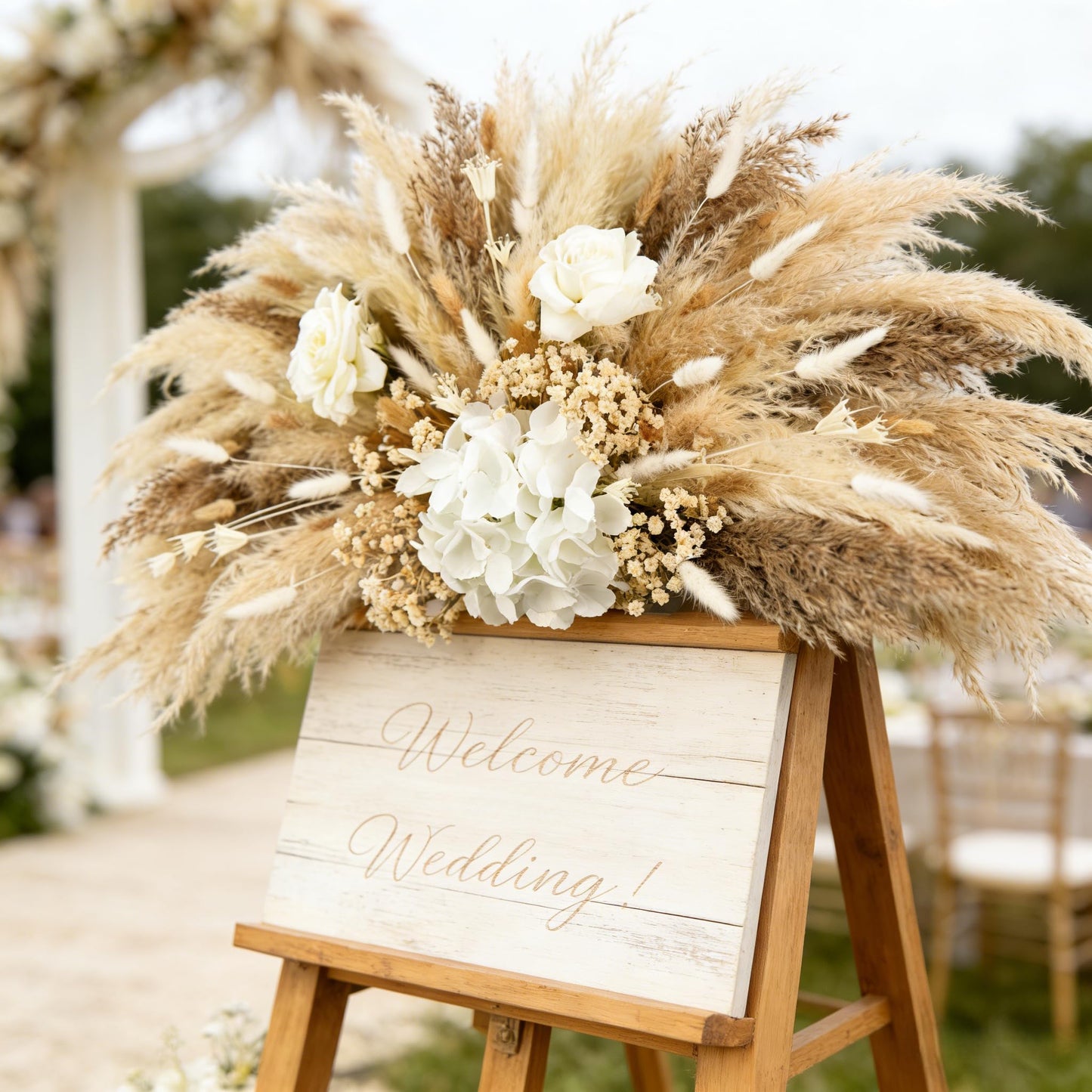 35” Pampas Grass Wall Decor Natural Fluffy Dried Reeds with Bunny Tails Baby Breath Artificial Hydrangea Flowers Large Pampas Easy Install for Home Wedding Arch Entryway Farmhouse Party Boho Decor