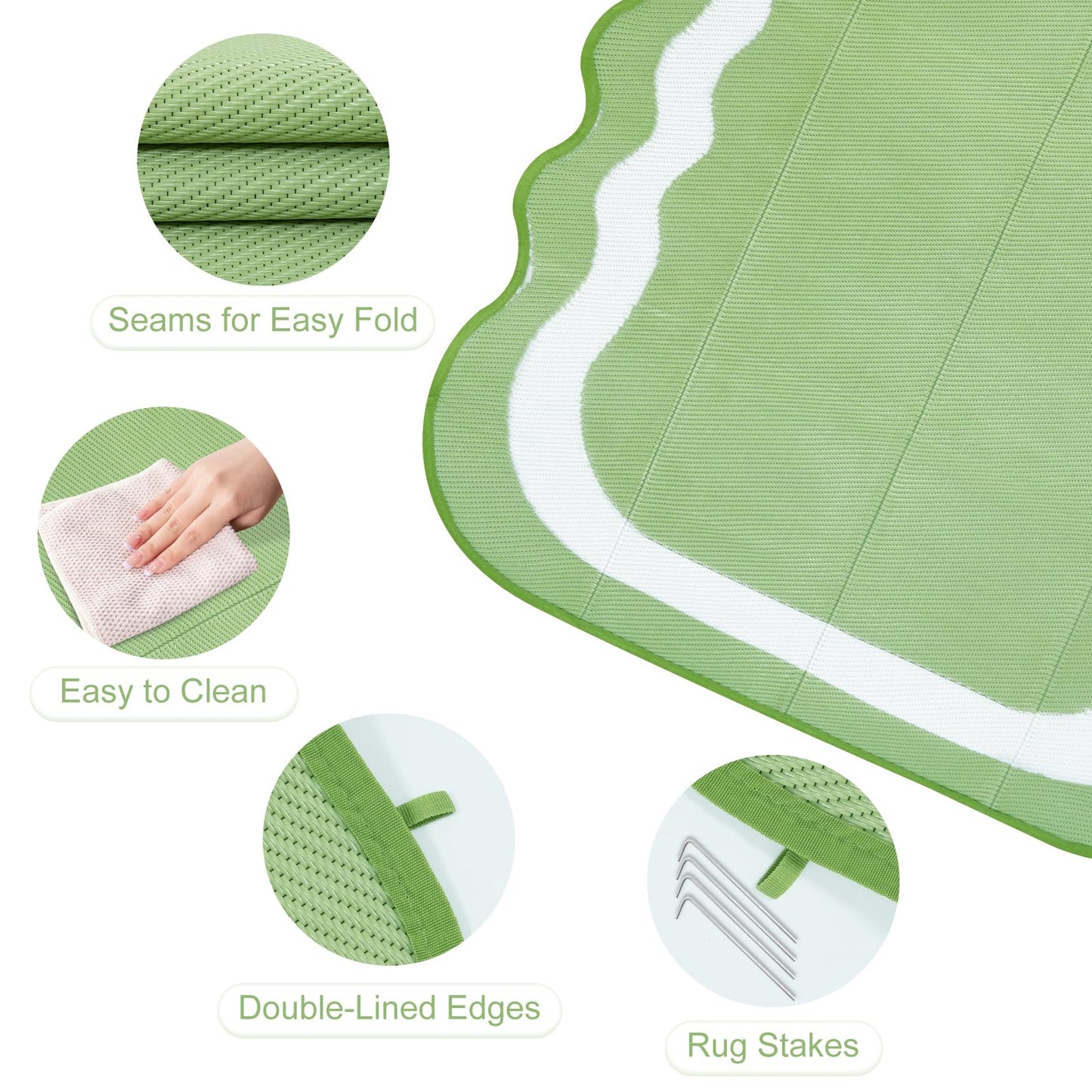 Uphome Outdoor Rug Waterproof 8x10, Large Reversible Green Scalloped Patio Plastic Straw Rugs, Foldable Modern RV Camping Outside Carpet Mat for Pool Back Yard Deck Picnic, 8 x 10 ft
