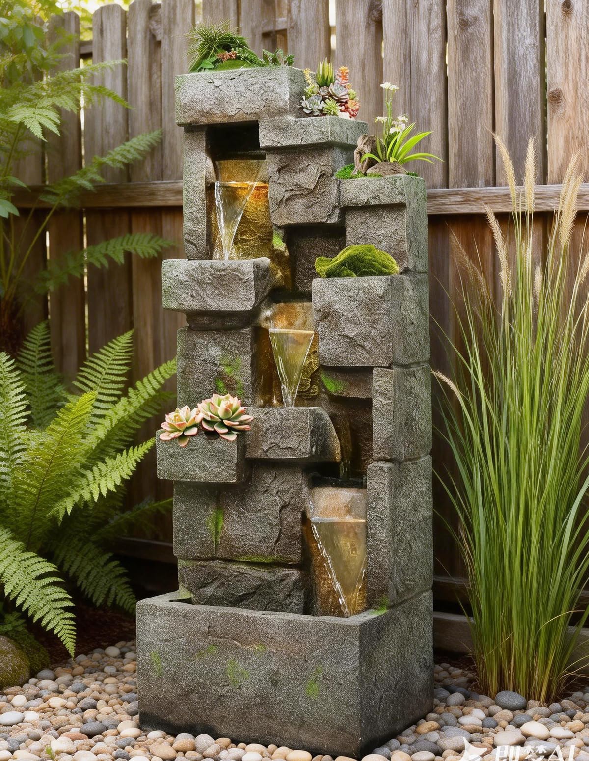 EKRISON 41.7" Outdoor Water Fountains 3 Tier Modern Floor-Standing Fountain with LED Lights and Pump Outdoor Rock Waterfall Fountain for Garden, Yard, Porch, Patio, Home Decor, Yellow
