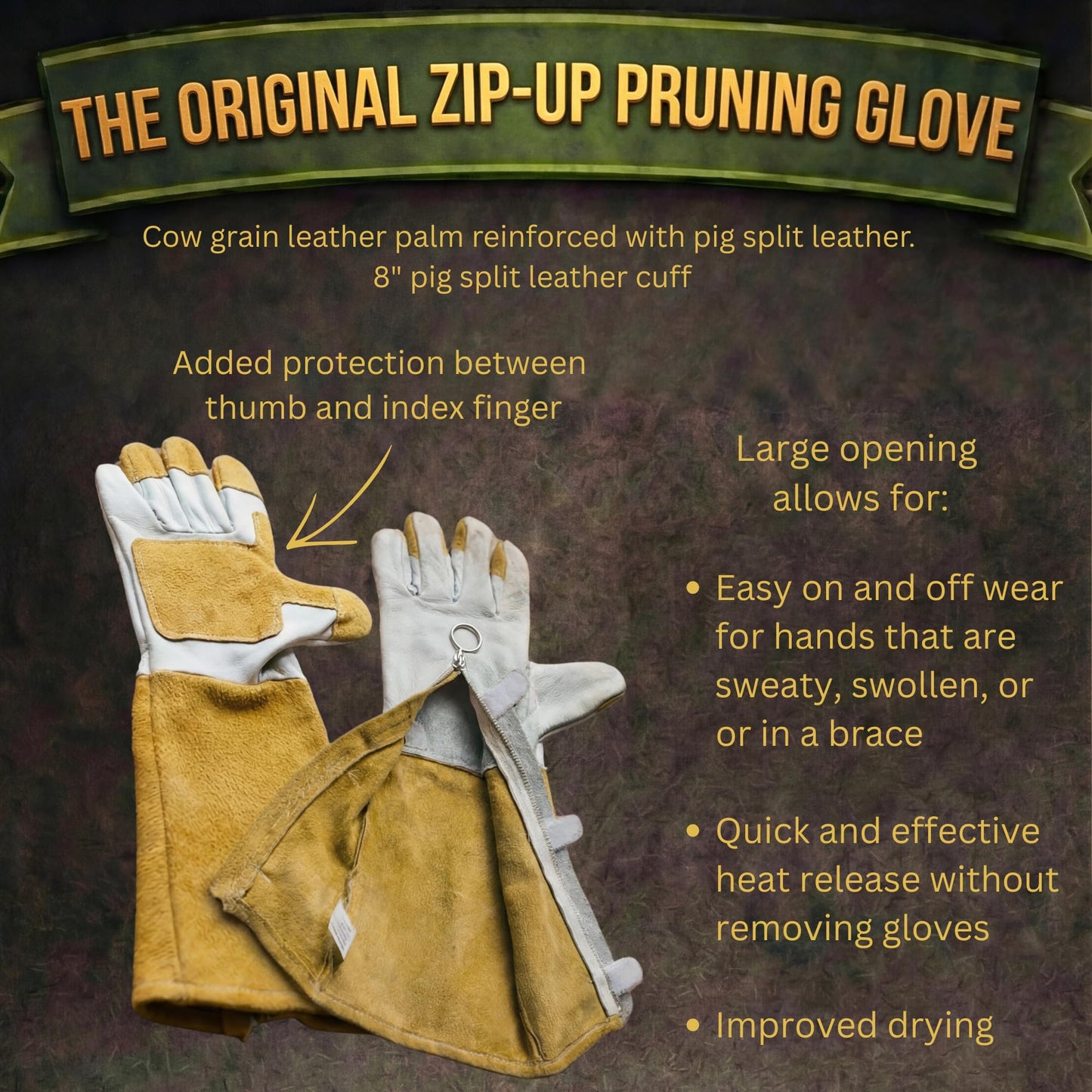 Ogre Outdoor and Garden Supply Zip-Up Rose Pruning Gloves | Leather Gauntlet Gardening Gloves | Long Forearm Thorn Protection