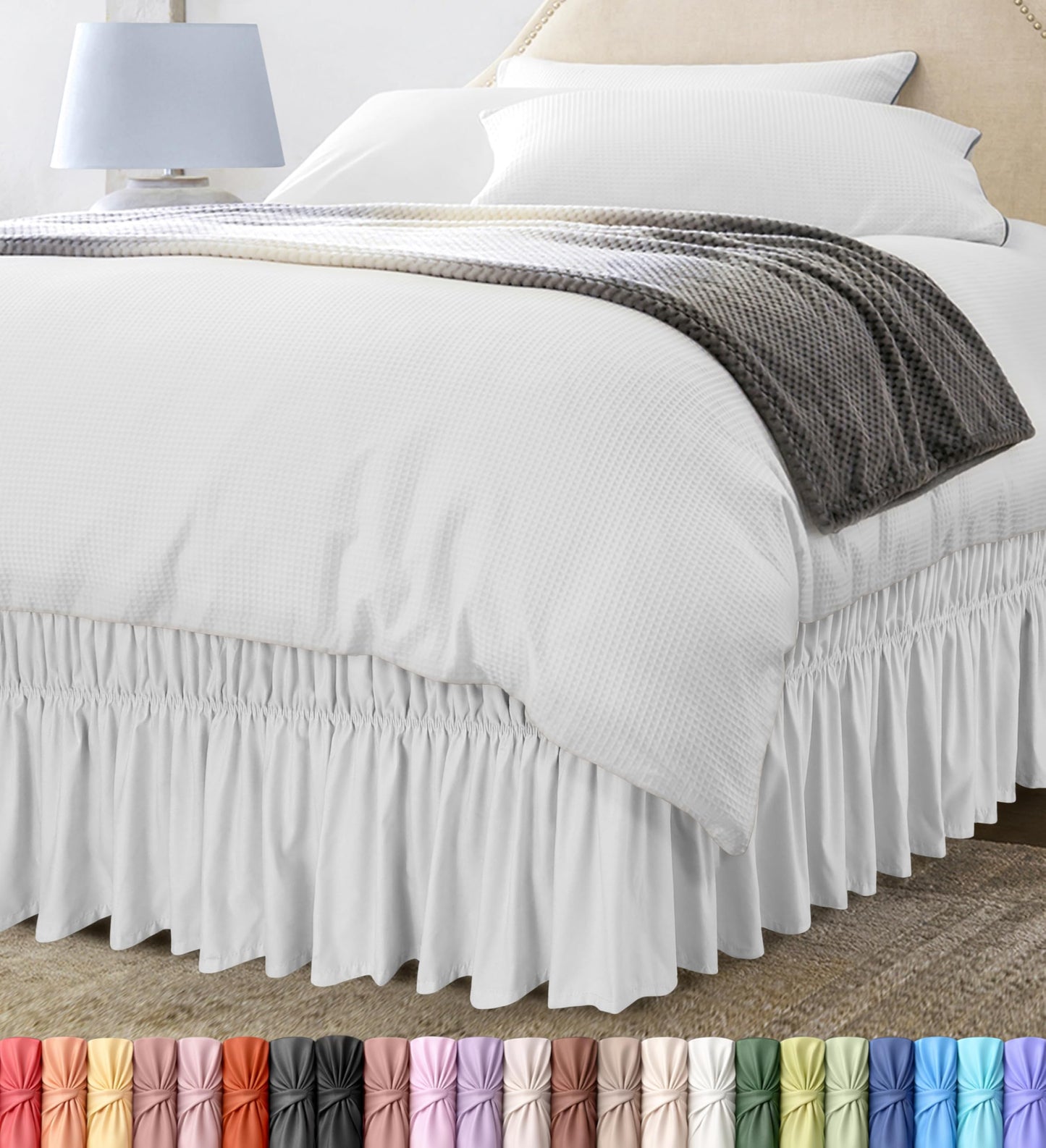 Wrap Around Ruffle Queen Size Bed Skirt – Adjustable Buckle & Elastic Belt for Easy Installation, 16 Inch Drop – Brushed Microfiber - Machine Washable, Fade and Wrinkle Resistant, White