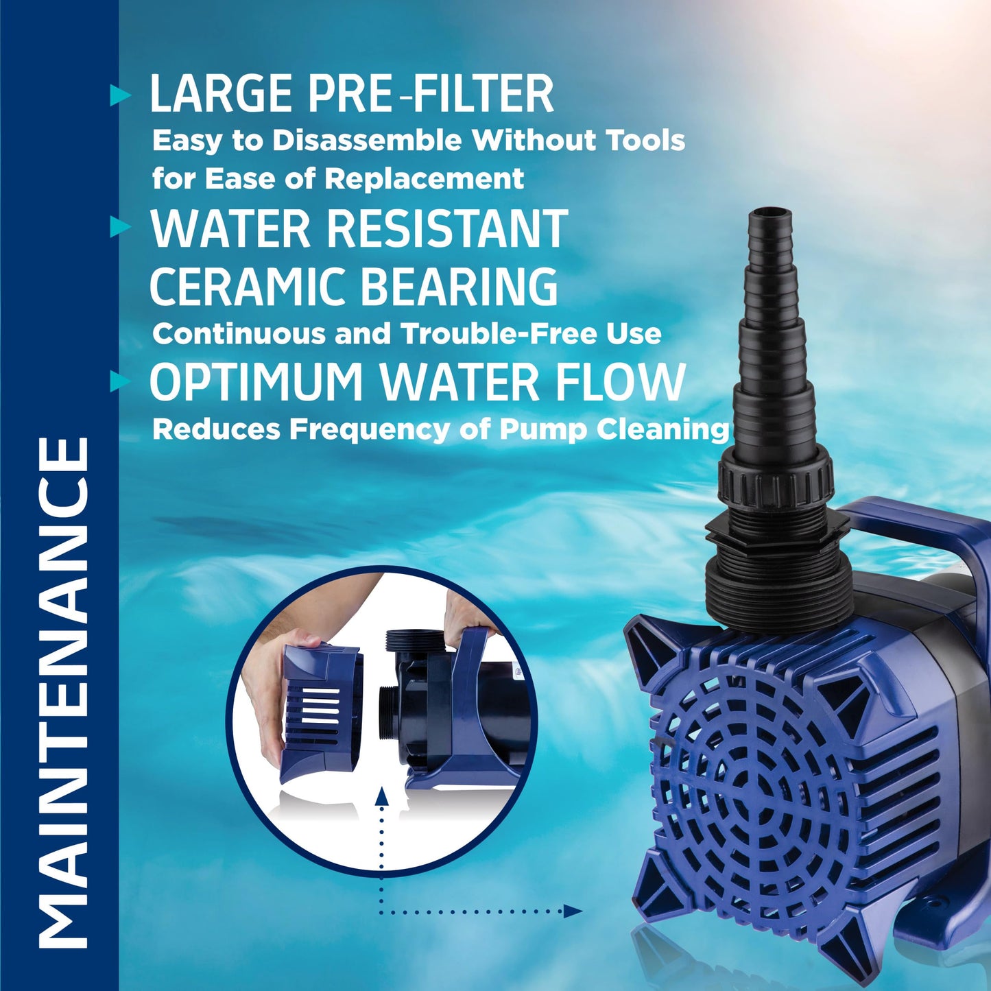 Alpine Corporation 4000 GPH Submersible Pump with 33 Ft Cord for Ponds, Fountains, Waterfalls, and Outdoor Water Features, 306W Quiet Motor, 21 Ft Lift, Multi-Angle Flow, Blue