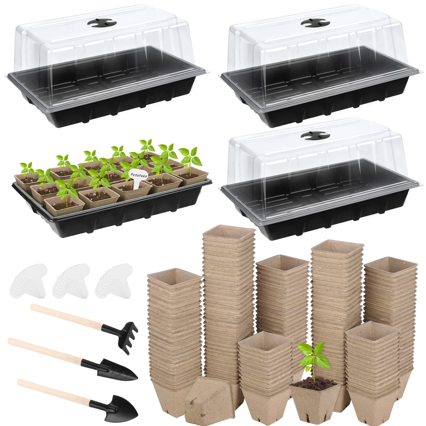 Hahood 4 Pack Seed Starter Tray Kit, 120 Square Seed Peat Pots for Seedlings with Plants Labels, Planting Tools, Plastic Growing Germination Trays with Lids for Indoor Outdoor Gardening, Black