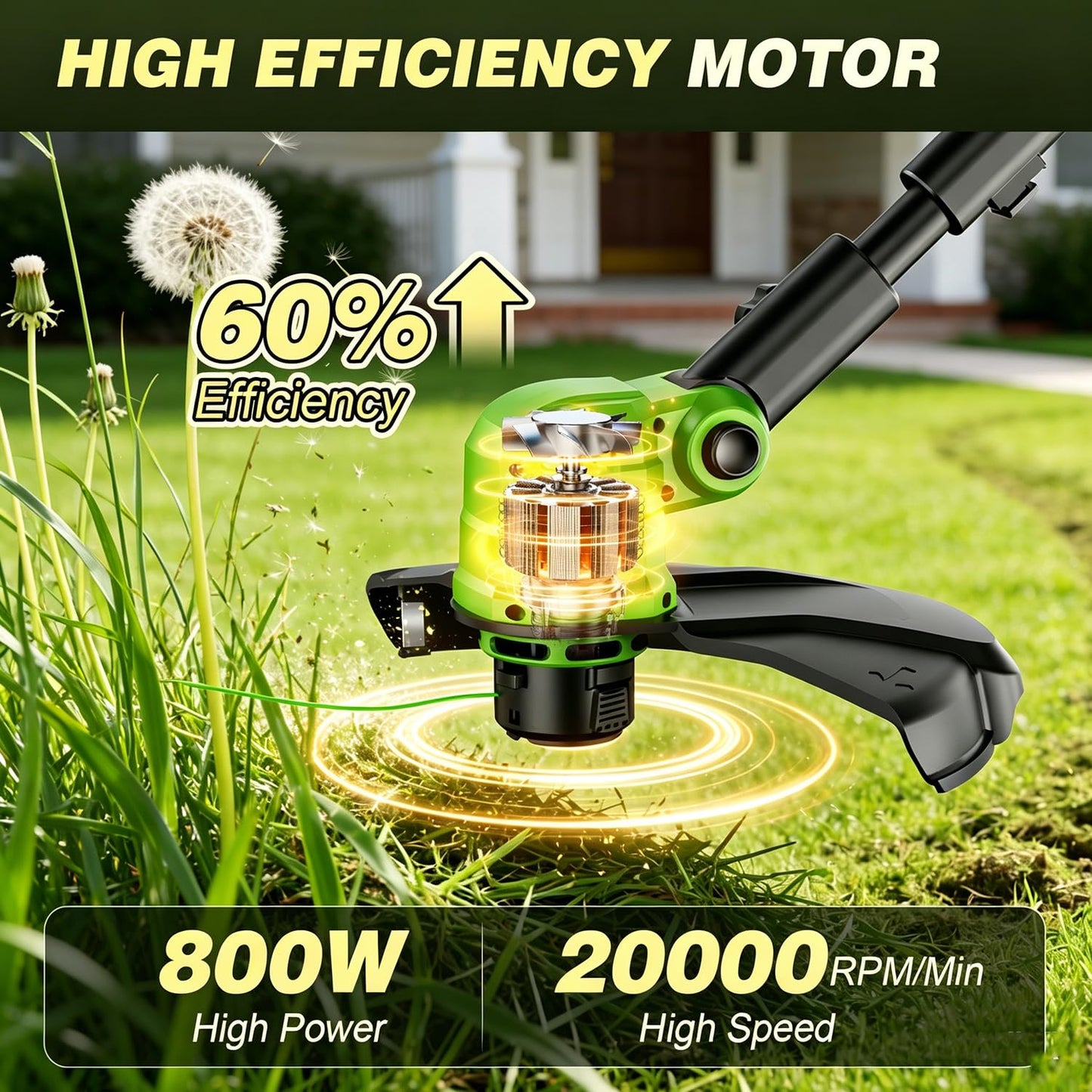 Amiluo 3 in 1 Cordless String Trimmer & Edger, 21V Battery Powered Weed Wacker with Wheels, 2 x 3.0Ah Batteries & 8 Spools, 14" Electric Weed Trimmer, Grass Trimmer for Garden, Lawn and Yard Care