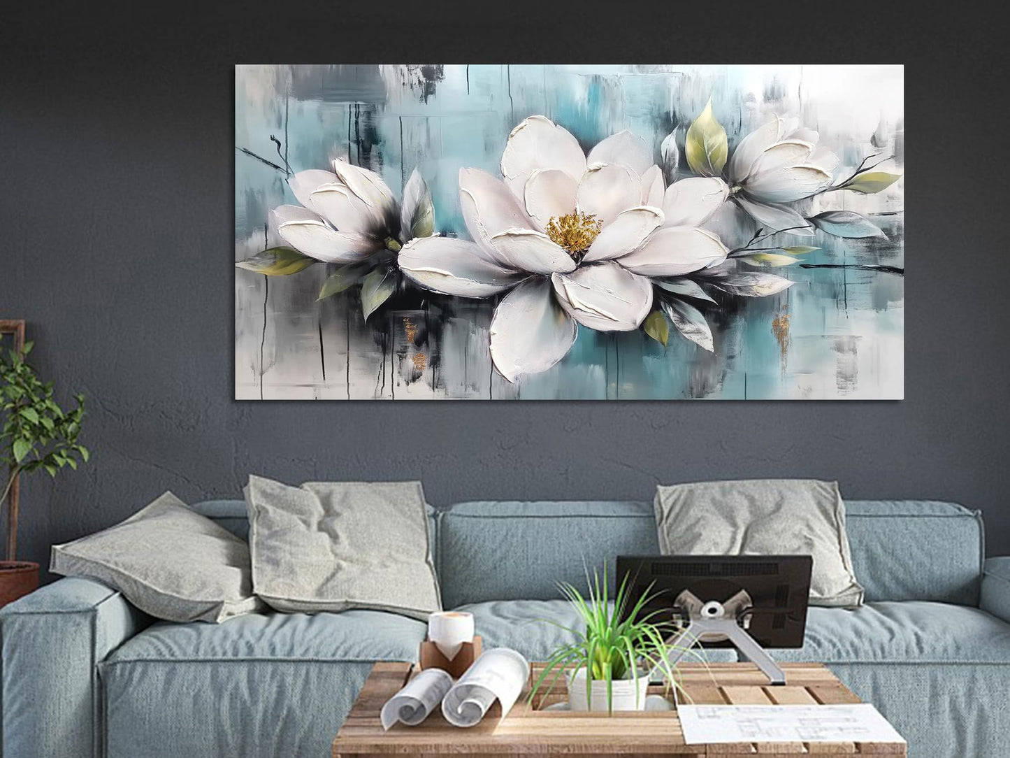 Ardemy Magnolia Wall Art for Living Room, Teal Large White Floral Canvas Wall Art Bedroom Painting Textured Picture Wall Decor Flower Artwork for Wall Decor Home Office Dining Room 40"x20"