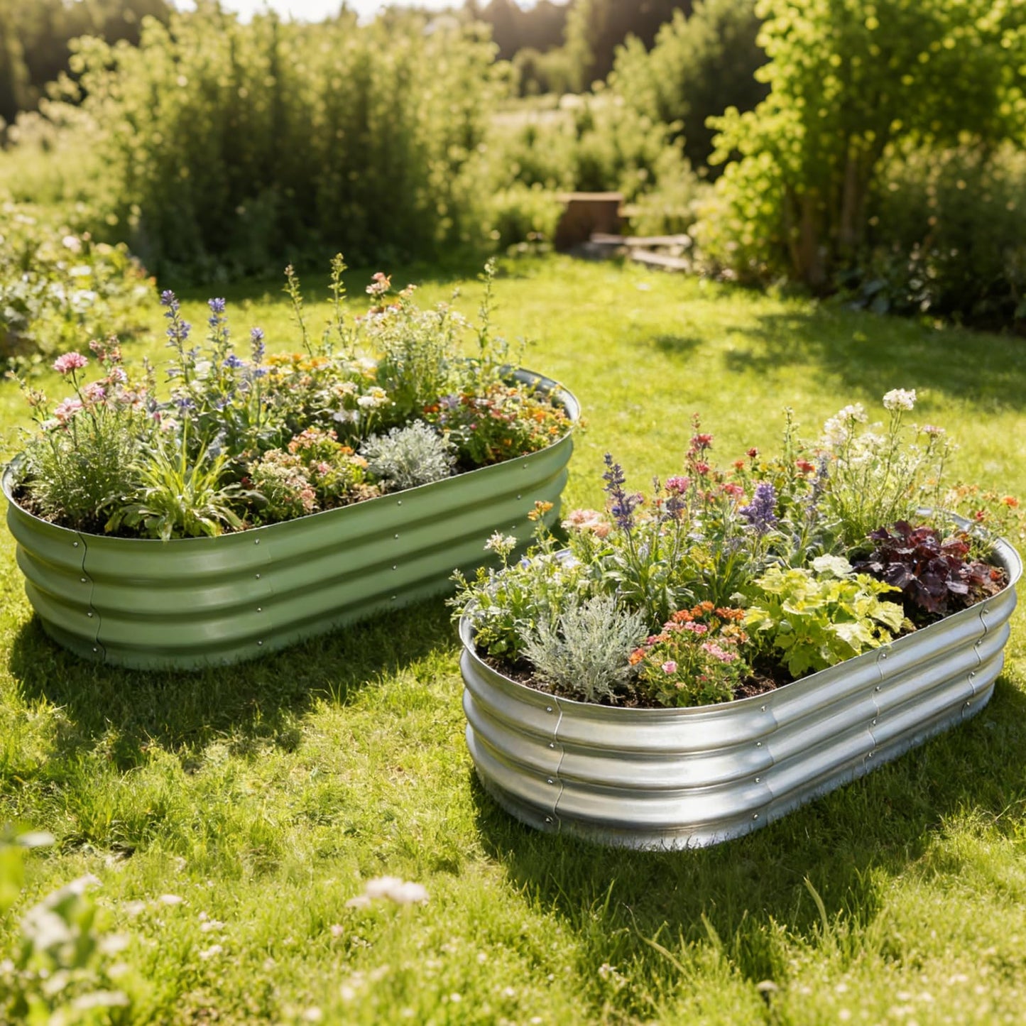 AmazStove Galvanized Raised Garden Bed Kit, Planter Garden Boxes Outdoor, Oval Large Metal for Vegetables Fruits, Flowers Planter Boxes, Easy Assembly Garden Bed Kit (Silver, 4×2×1FT (2-Pack)