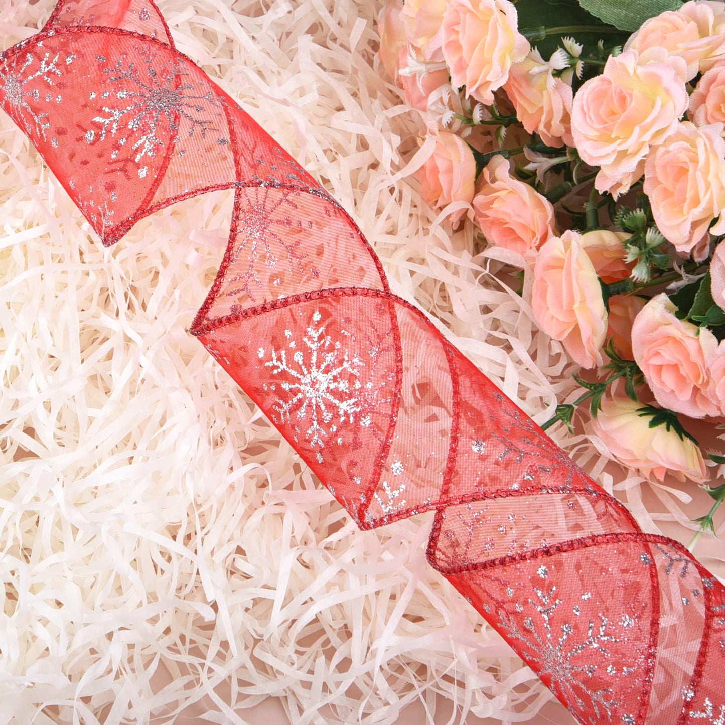 Livder 2.5 Inch Wide Christmas Wired Ribbon Snowflake Organza Sheer Glitter Ribbon for Xmas Tree, Wreath, Party Decoration, Gift Wrapping (Red, 21.9 Yards)