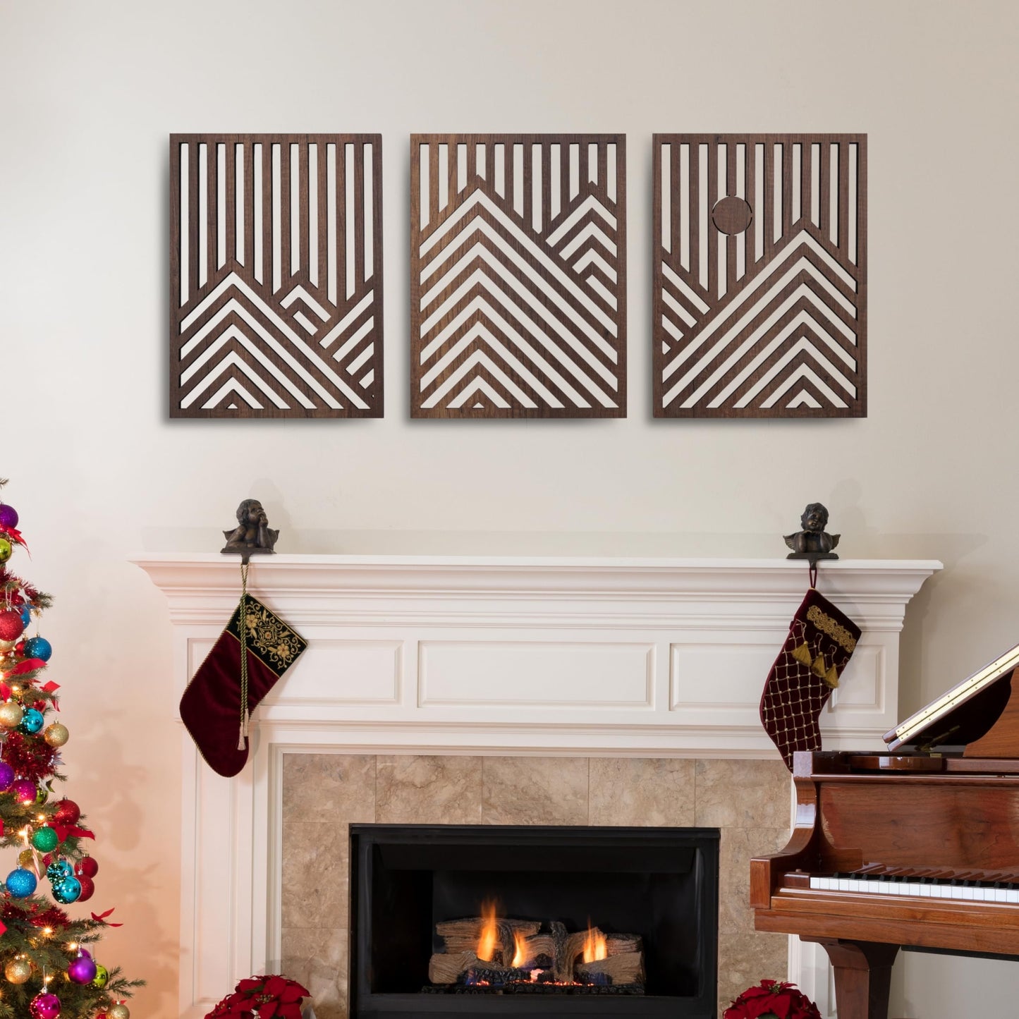 qmmp Modern Wooden Wall Sculptures - Set of 3 - Home Decor Accent - Large Wall Art for Living Room, Bedroom, Office - Easy Installation (Walnut, Medium - Mountain and Sun)
