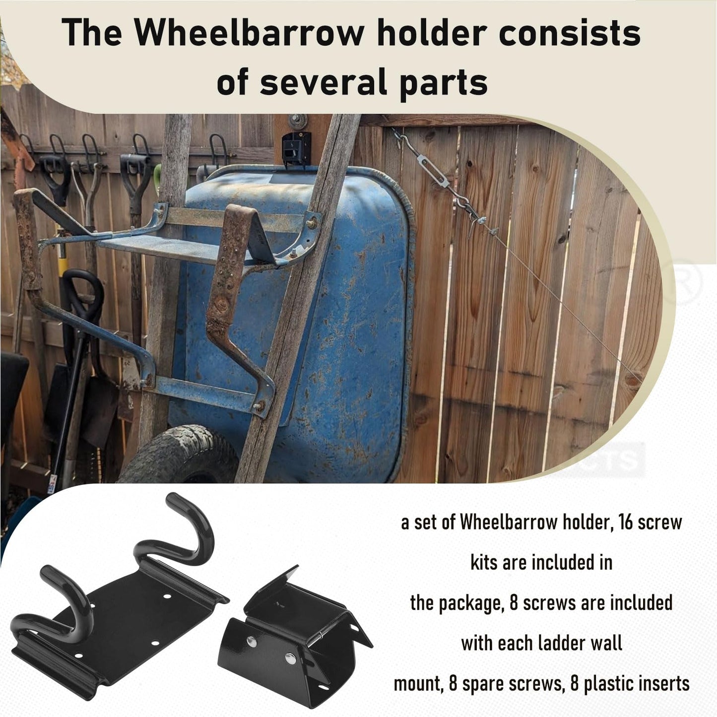 Wheelbarrow Storage Bracket - 90 lbs Capacity, Heavy Duty Storage Hook for Most Wheelbarrows Designs, Comes with a Spring Loaded Lift Latch Safety Catch Feature