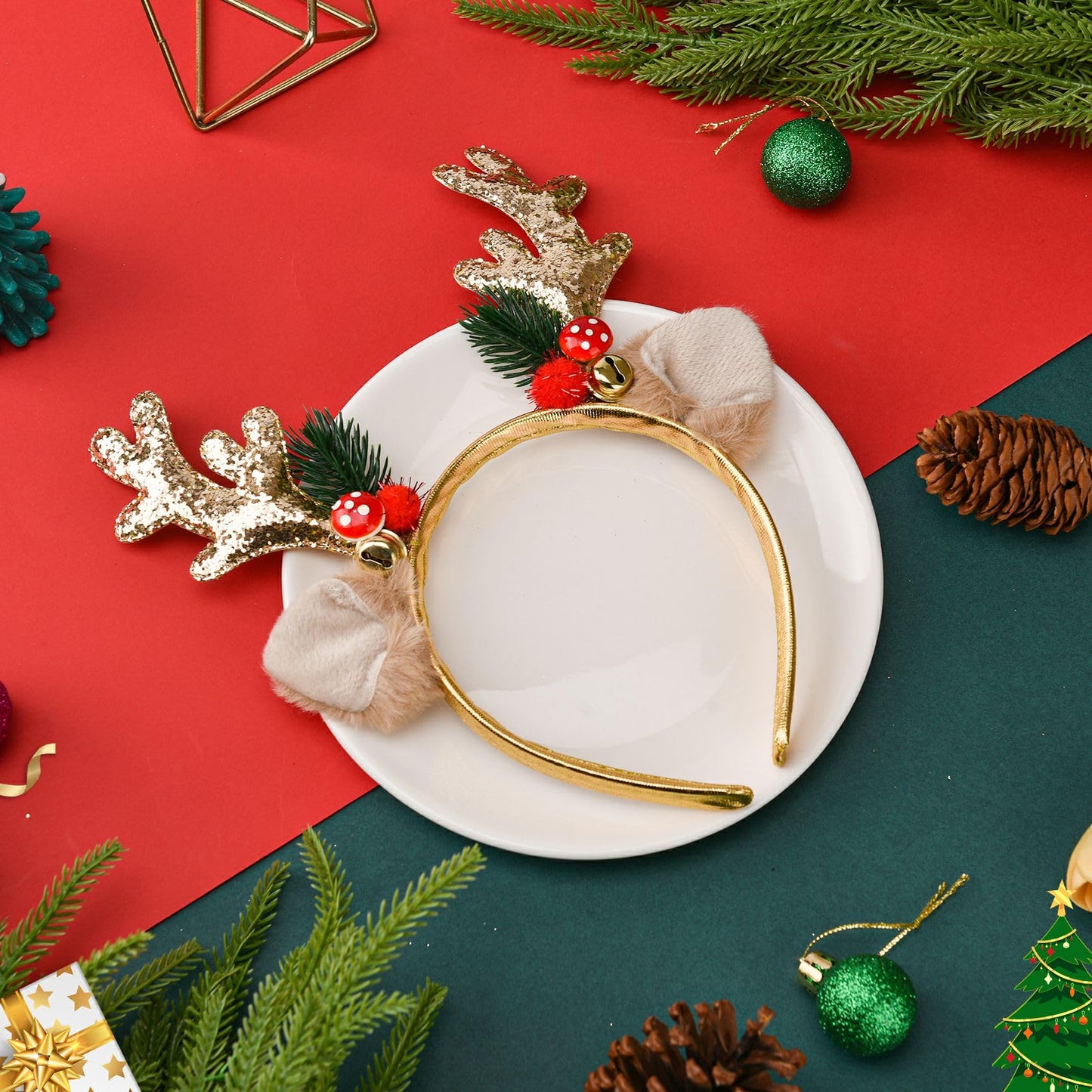 Ychelhr Christmas Headbands, Christmas Glitter Elk Antlers Headbands, Cute Xmas Hair Bands Holiday Party Gift for Girls Women (Gold)