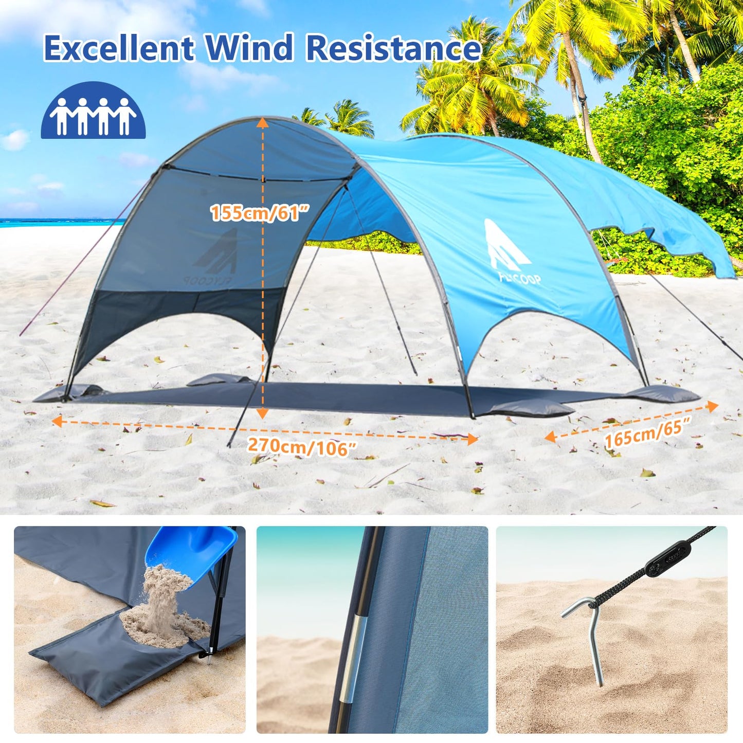 Flycoop 2026 Beach Tent with Floating Shade Sail – Portable & Ventilated Beach Umbrella Canopy with 360° Airflow, Dual Side Pockets & Extra Sun Coverage (3–4 People, 106 * 65 * 62"+75"*98" Sail)