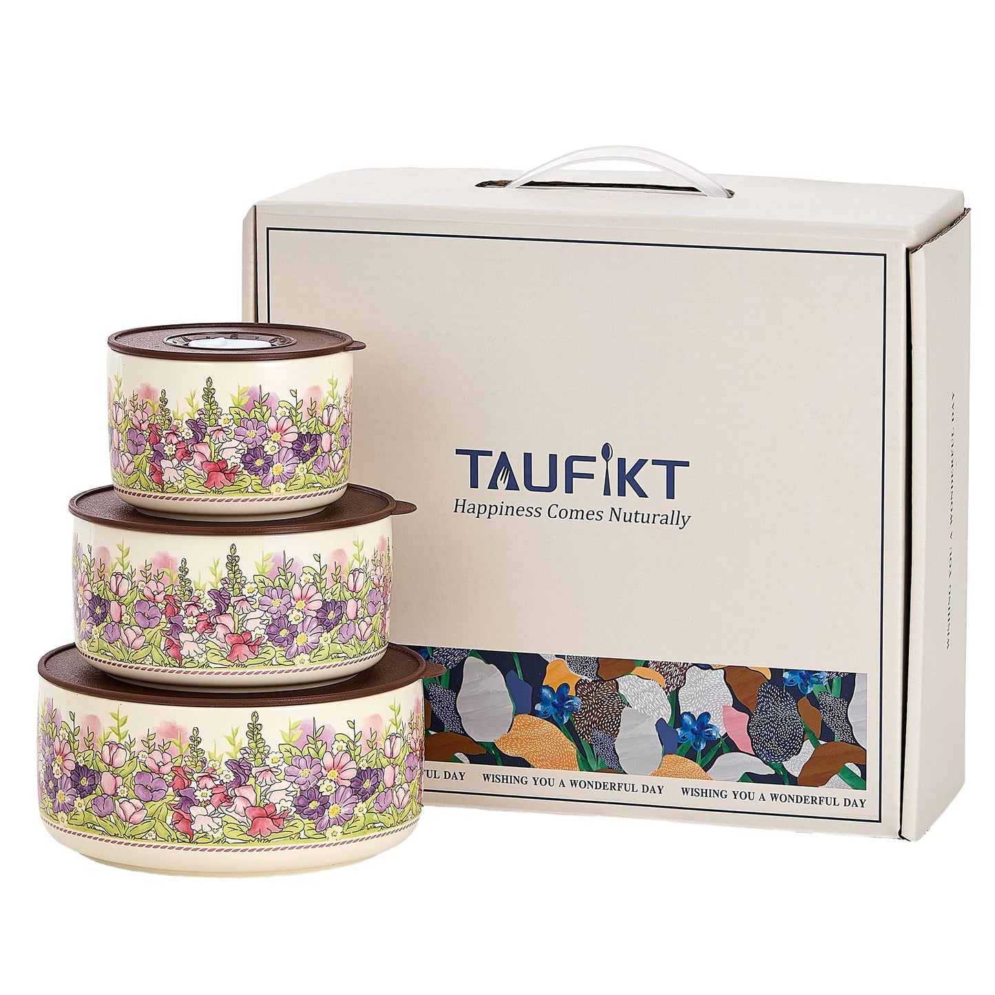 TAUFIKT Food Storage Containers with Lids, 4"/ 5"/ 6" Nesting Bowls Set, Serving Bowls with Lids Set, Pasta Ceramic Bowls Set Decorative Bowl for Soup, Stew, Cereal, Microwave and Oven Safe (Rose)