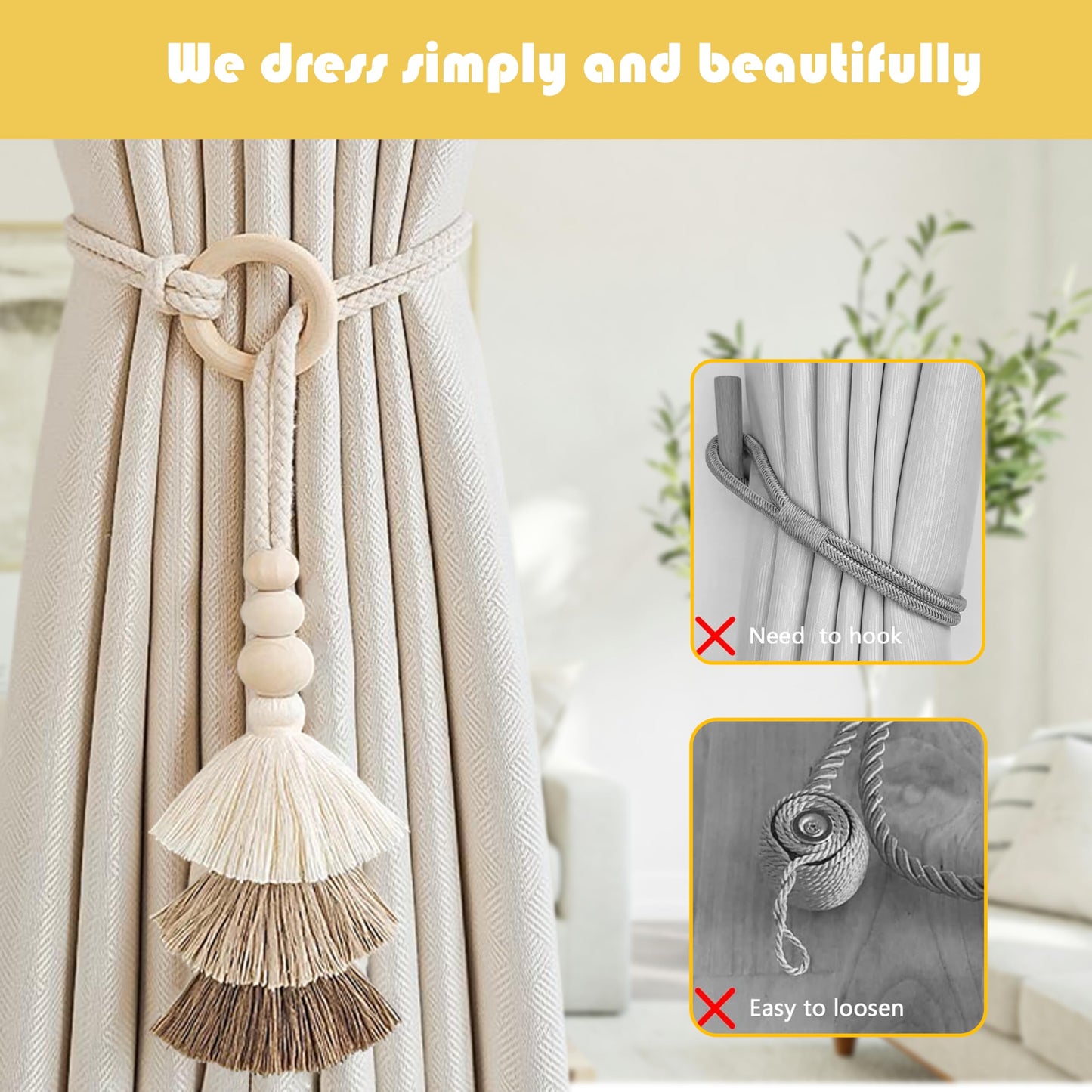 SRG Rope Curtain Tiebacks with Tassel Boho 2 PCS Handmade Wooden Ring Curtain Tie Backs Accessories Wall Decoration Drapery Curtain Holdbacks for Bedroom Window