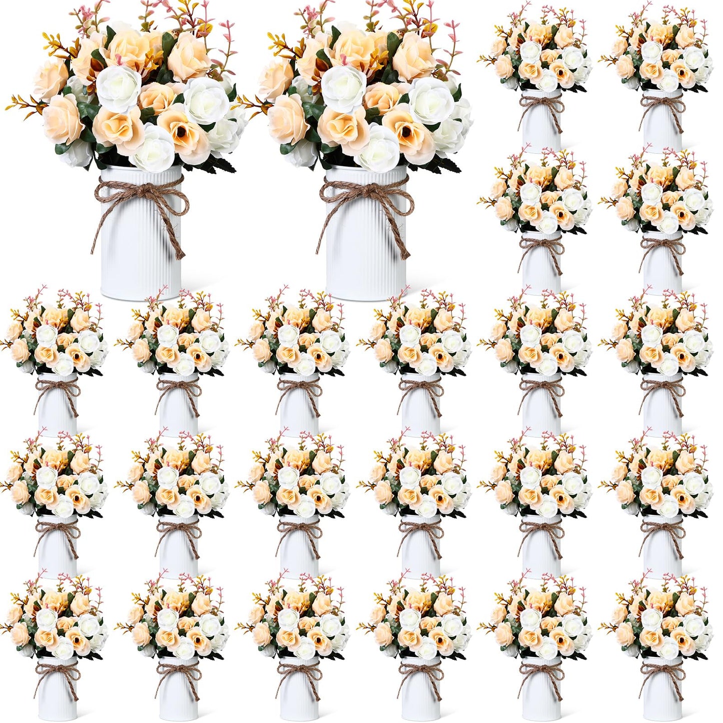 Domensi 24 Sets Wedding Table Centerpiece Artificial Flowers with Vase 48 Pcs Fake Bouquets 24 Pcs Metal Vases Floral Arrangements for Holiday Party Event Table Decor(Champagne)