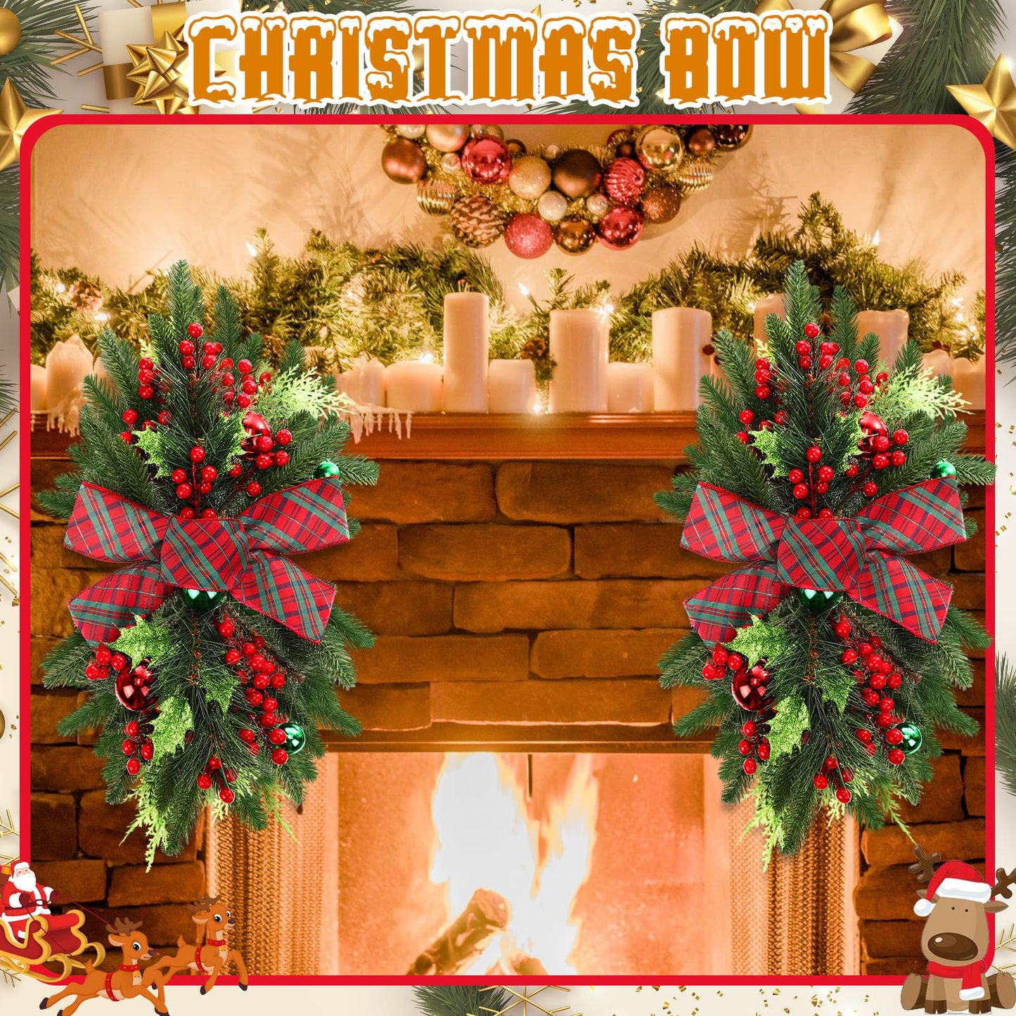 Lyrow 4 Pcs Christmas Artificial Swags 24" Xmas Stairway Swag Teardrop Trim Red Green Grid Christmas Staircase Decoration Garland for Indoor Outdoor Railing Decor(Red Green)