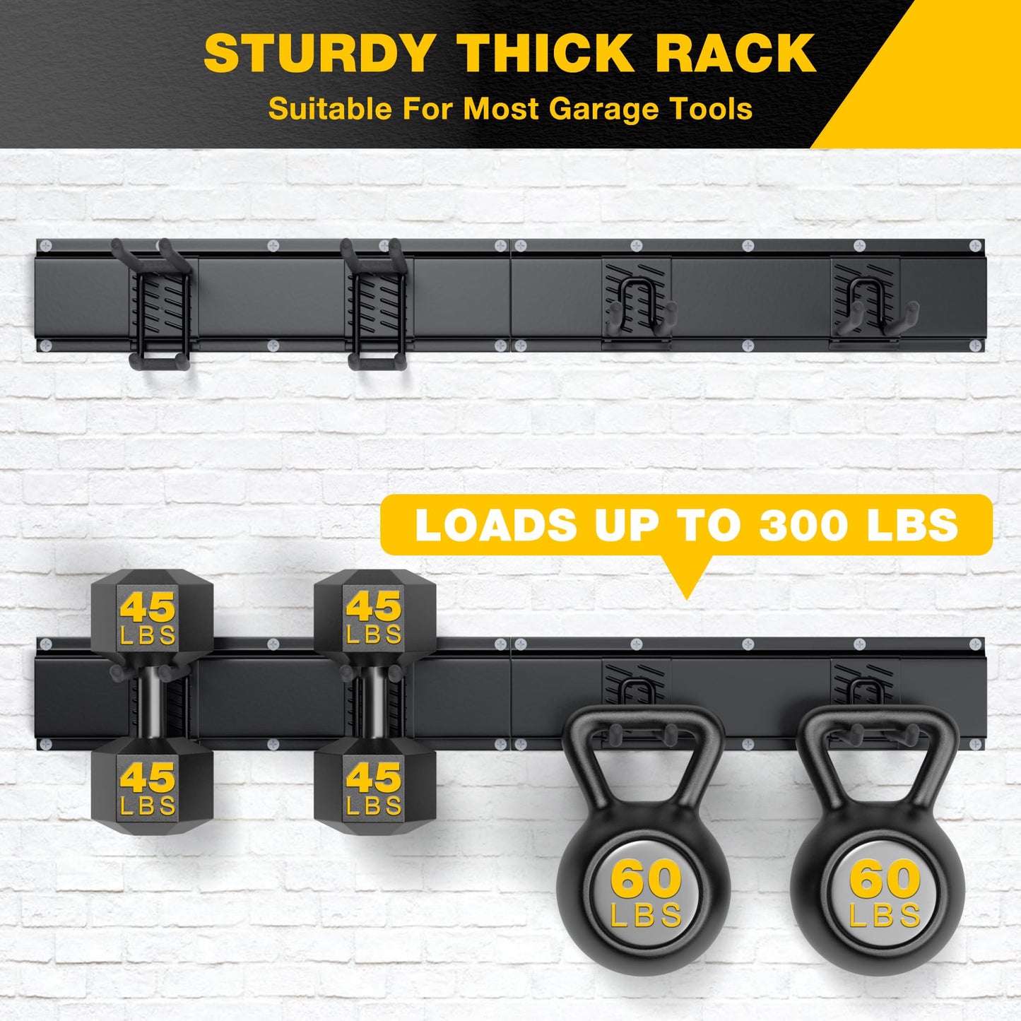Garage Tool Organizer Wall Mount with 32 inches Rails and Adjustable Heavy-Duty Hooks, Garden Tool Organizer, Carries 300 lbs, Heavy Duty Garage Storage Rack For Yard, Shed, Workshop, Easy to Install