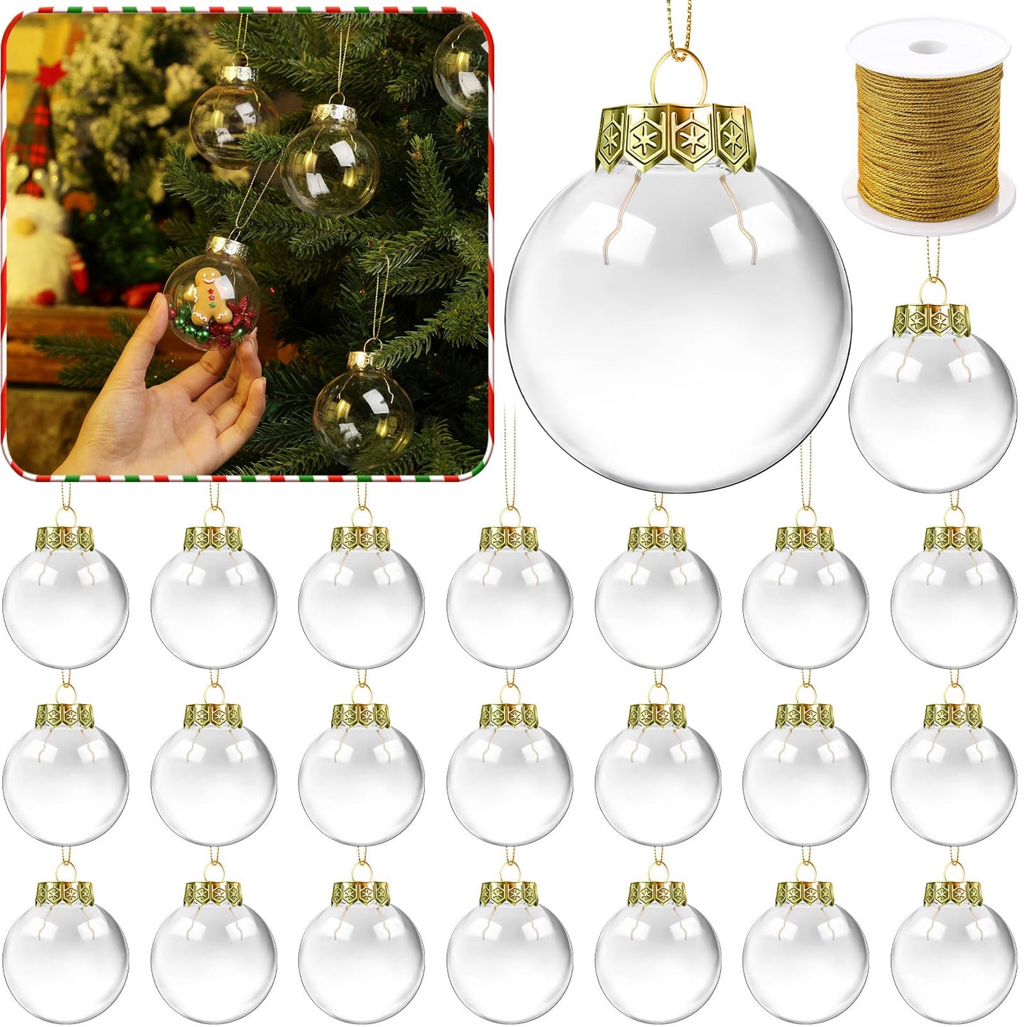 Wettarn 50 Pcs 2.36 Inch Christmas Plastic Fillable Ornaments, Transparent DIY Craft Rainbow Ball with Lid and Rope, Xmas Hanging Ornament for Party Wedding Home Decor (Clear)
