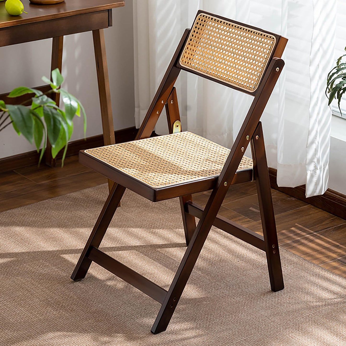 KISKIS Wooden Rattan Folding Chairs Portable Save Space Kitchen Dining Chair for Balcony Living Room, with Mesh Elastic Seat and Curved Back, 400LBS,1 Pack