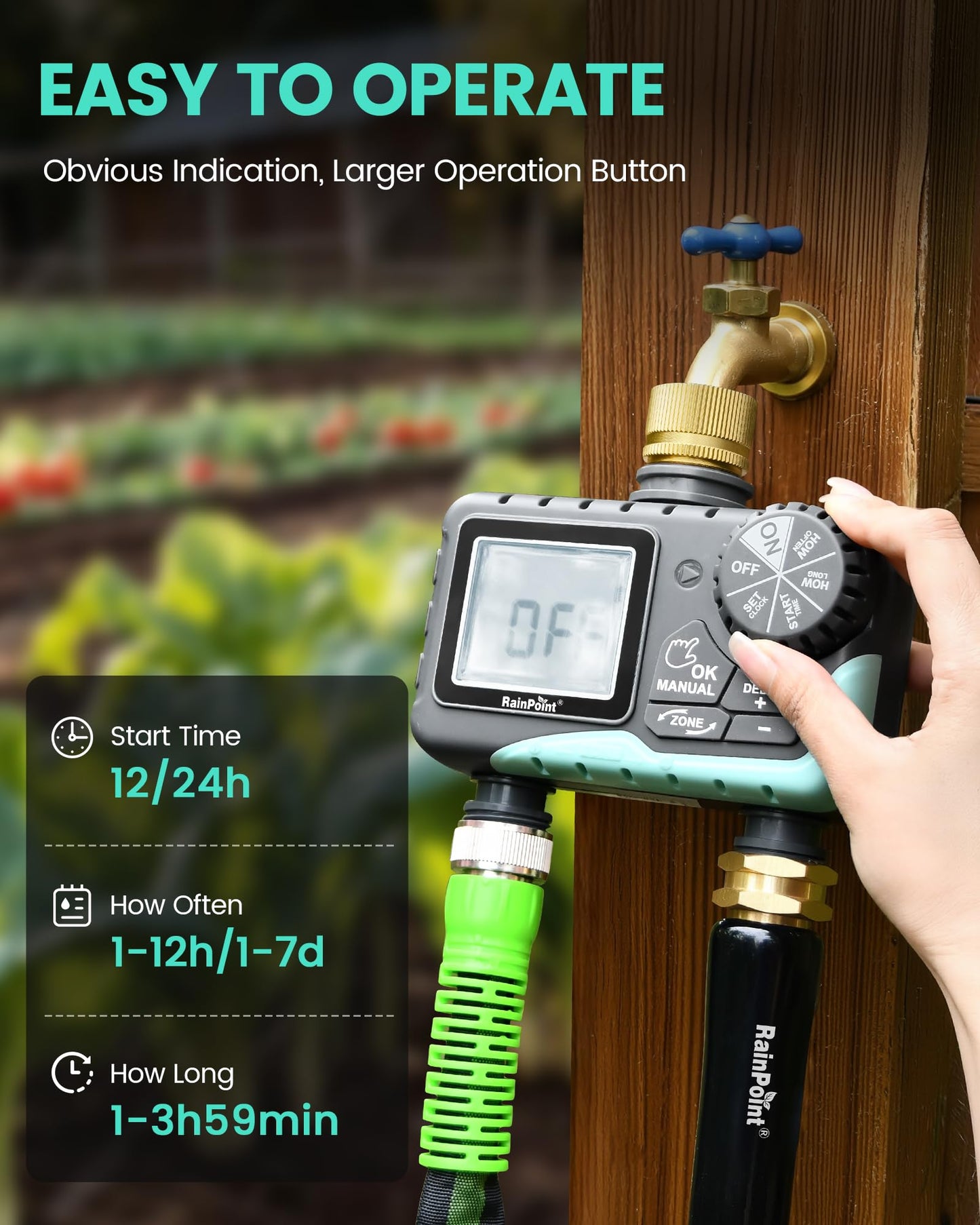 RAINPOINT Sprinkler Timer 2 Outlet, Water Timer for Garden Hose, for Yard Outdoor Watering, Rain Delay/Manual/Automatic System Controller Brass Inlet, V2