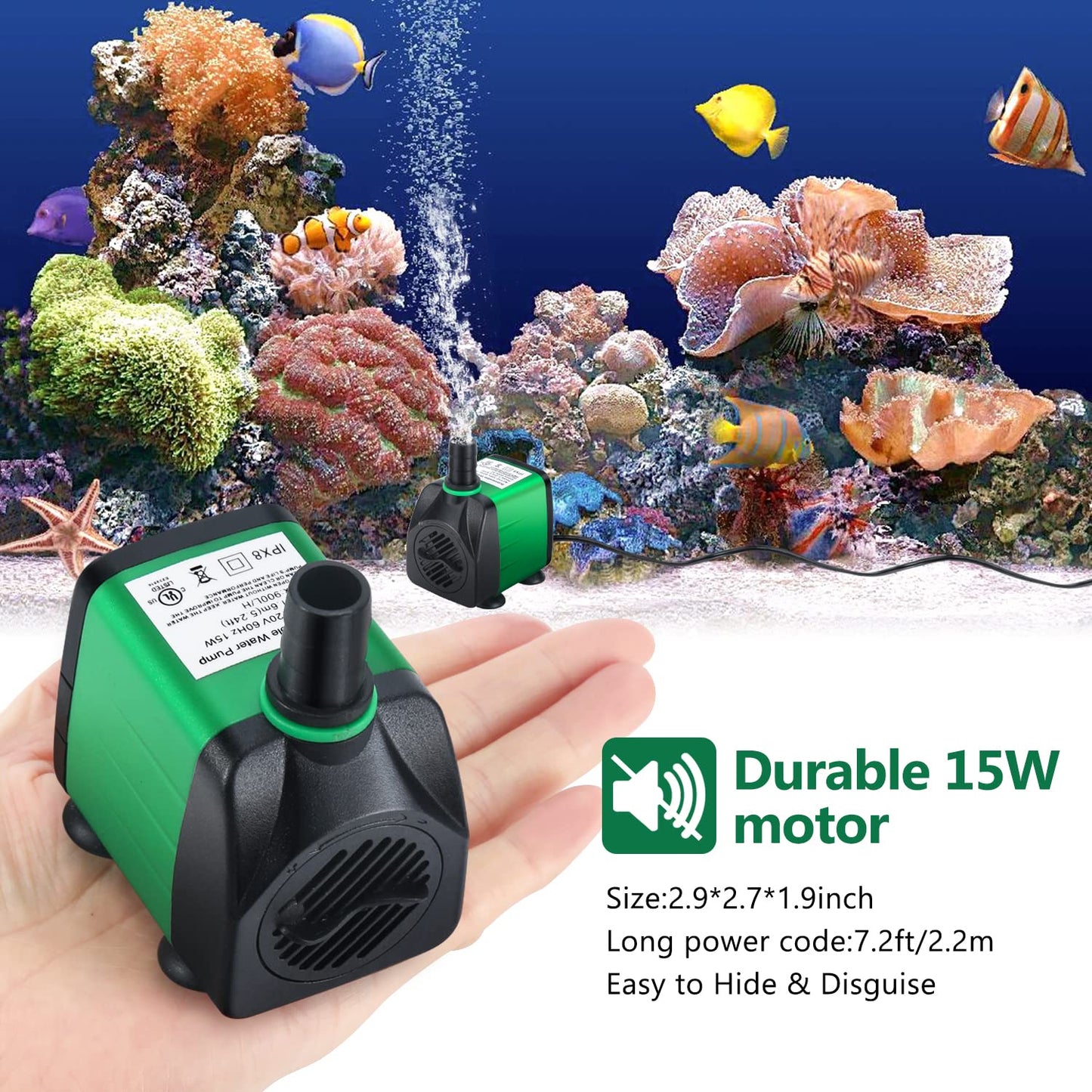CWKJ Fountain Pump, 220GPH (15W 900L/H) Water Fountain Pump, Outdoor Submersible Fountain Pump with 6.5ft Tubing (ID x 1/3-Inch), 3 Nozzles for Aquarium, Pond, Fish Tank, Water Pump Hydroponics
