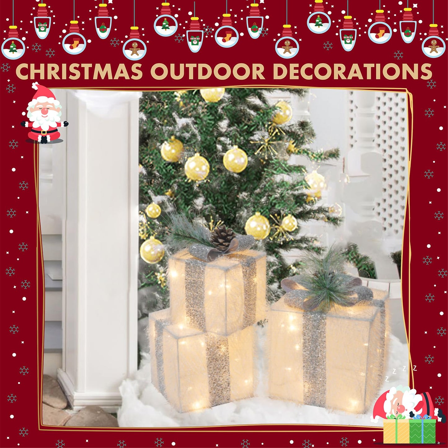 Set of 3 Christmas Lighted Gift Boxes with 60 LED Lights, Plug-in Holiday Decorations for Xmas Tree, Home, Indoor Outdoor Décor(Silver)