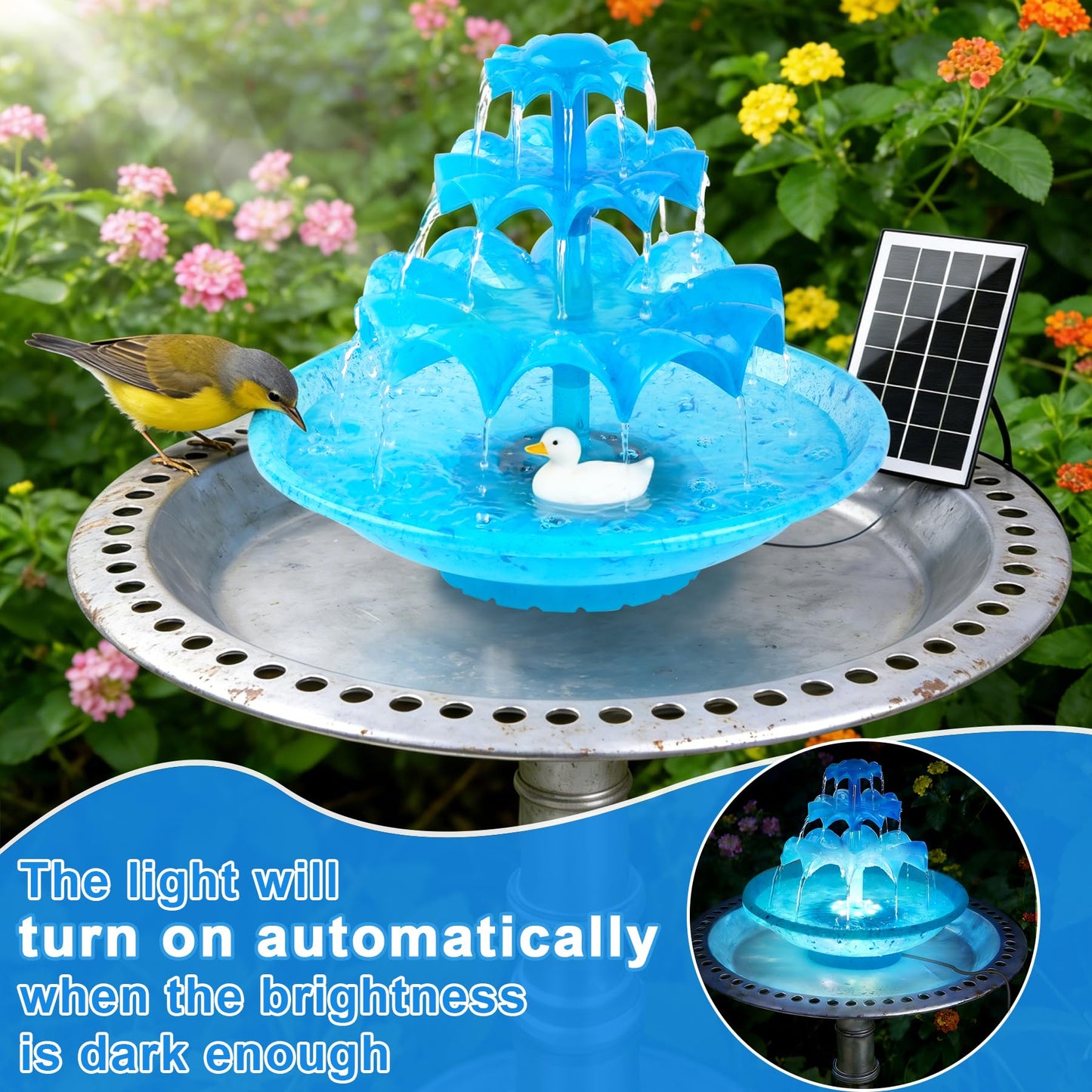 Yeomi 3-Tier Solar Fountain Pump with LED Lights, 24H Outdoor Water Feature, Detachable Design, Multi-Function Bird Bath Water Fountain for Garden Patio Yard Backyard Pond, 3.5W