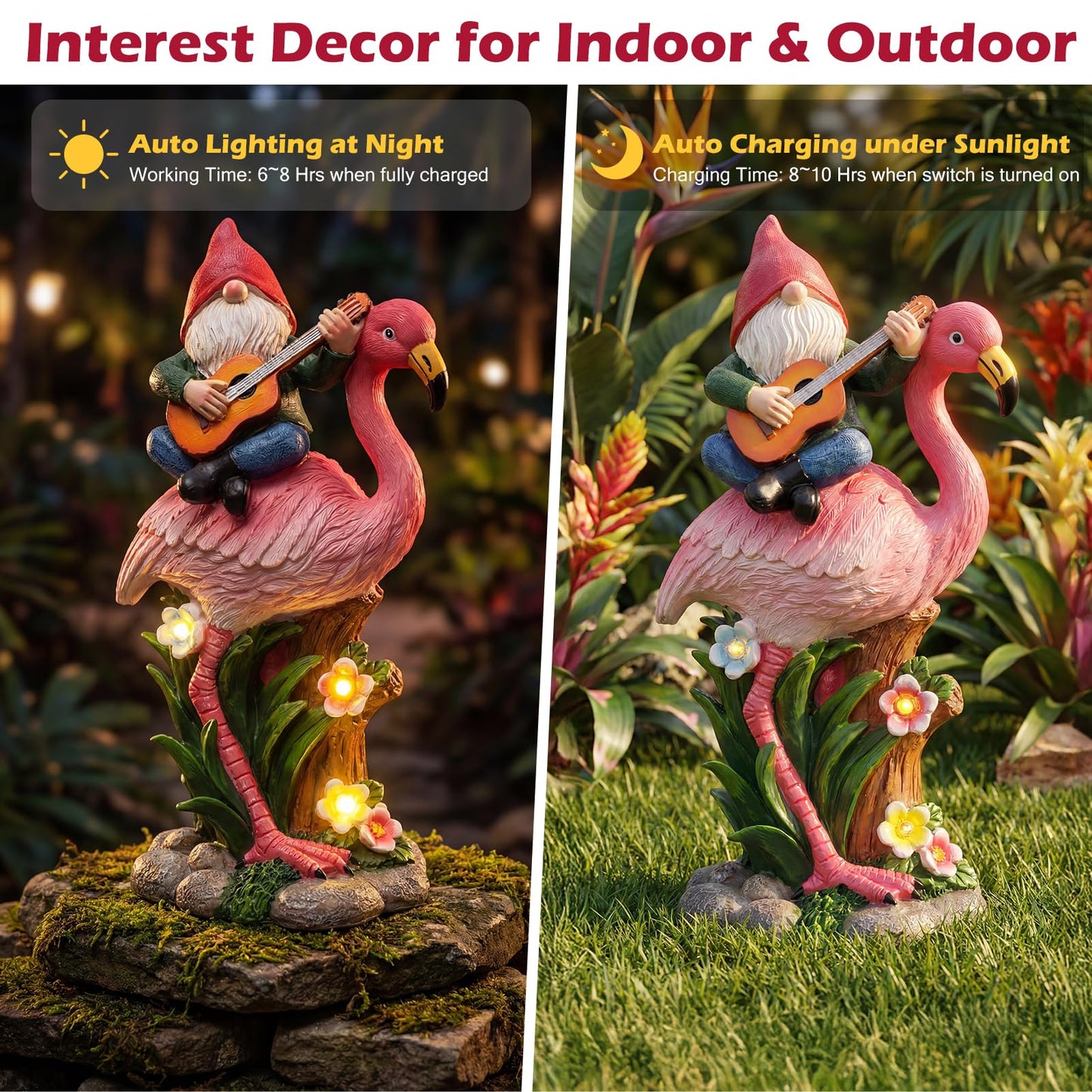 EXYGLO Solar Gnome Garden Statue Decor, 10" Gnome Riding Flamingo Outdoor Funny Decoration for Lawn, Patio, Yard, and Unique Housewarming, Birthday Ornament Gift for Mother, Friend, Family
