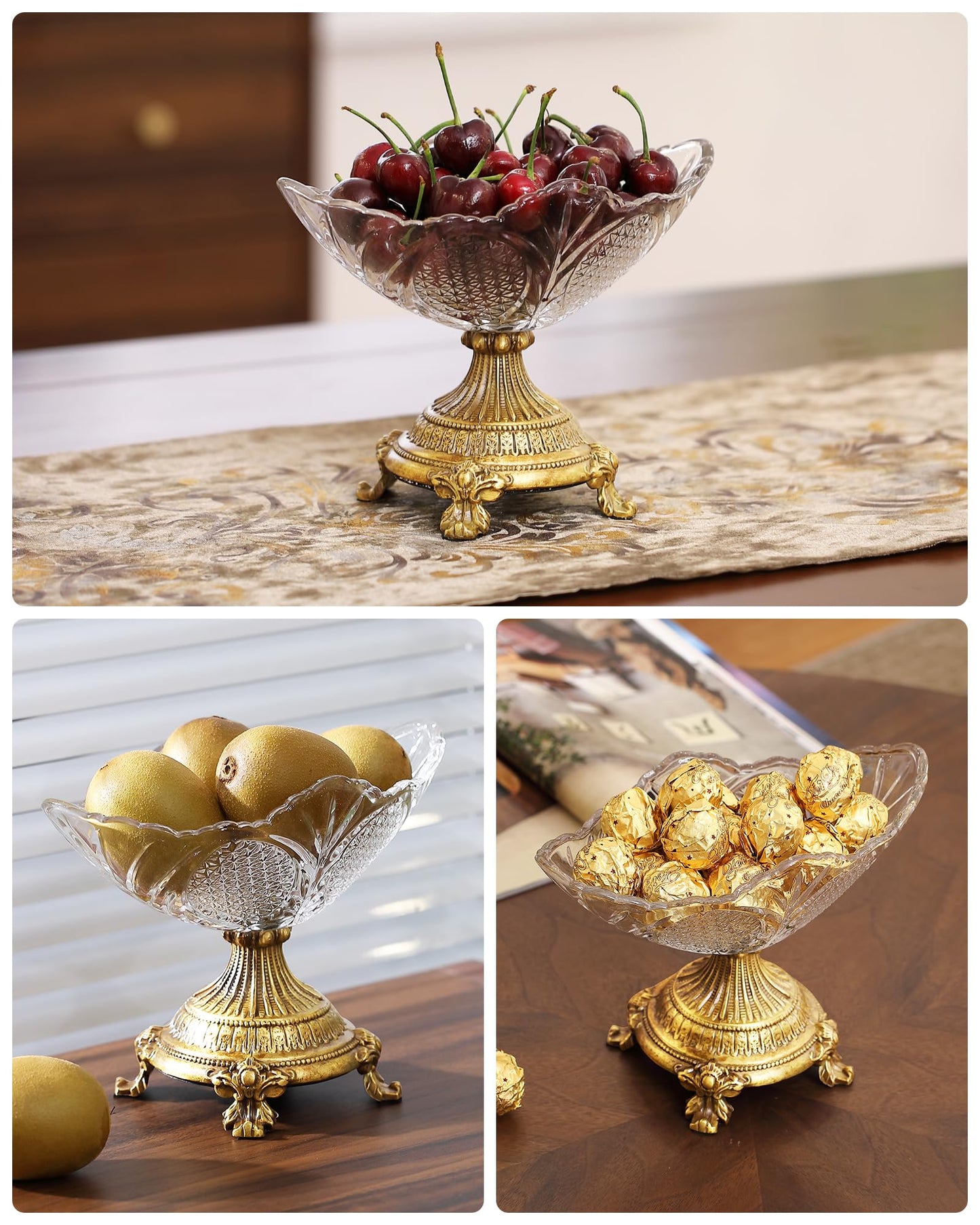 gloriousliving Small Glass Fruit Bowl，8" Decorative Bowl,Decorative Glass Bowl with Gold Pedestal, Kitchen Counter Fruit Bowls for Fruit Vegetable Candy and Key