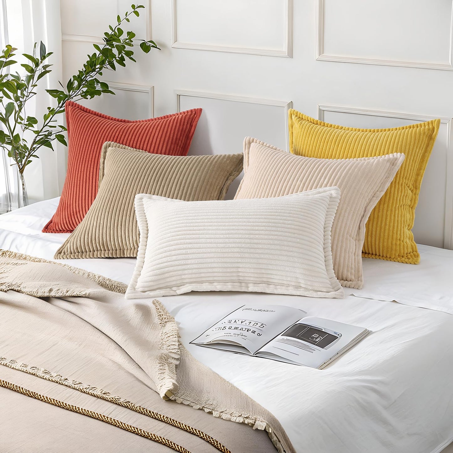 Mecatny Corduroy Throw Pillow Covers 26x26 Set of 2, Neutral Decorative Soft Boho Couch Pillow Covers with Broadside for Sofa Living Room, Mustard Yellow