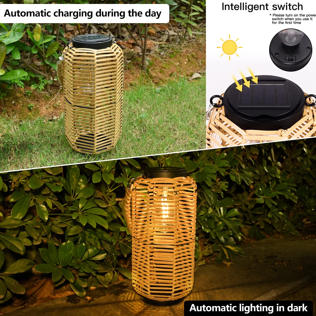 Livinlarge Solar Lantern Outdoor Hanging Lights, Rattan Lantern Waterproof with Twine Handle, Bright Solar Outdoor Lights with Edison Bulb for Garden Patio Yard Tabletop Decoration