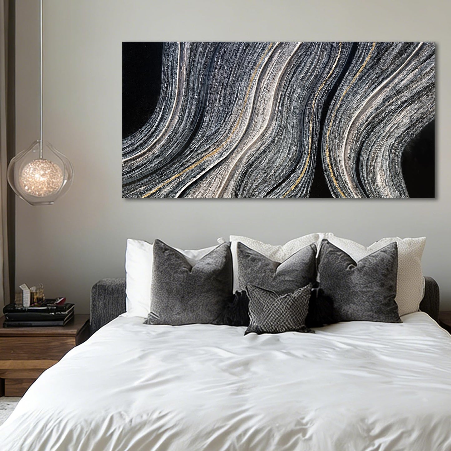 ZUNARE Modern Abstract Canvas Wall Art with Blue Gray and gold Linear Design, Minimal Tonal Artwork Creating a Peaceful Atmosphere for Bedroom Living Room Office Kitchen 24"x48"