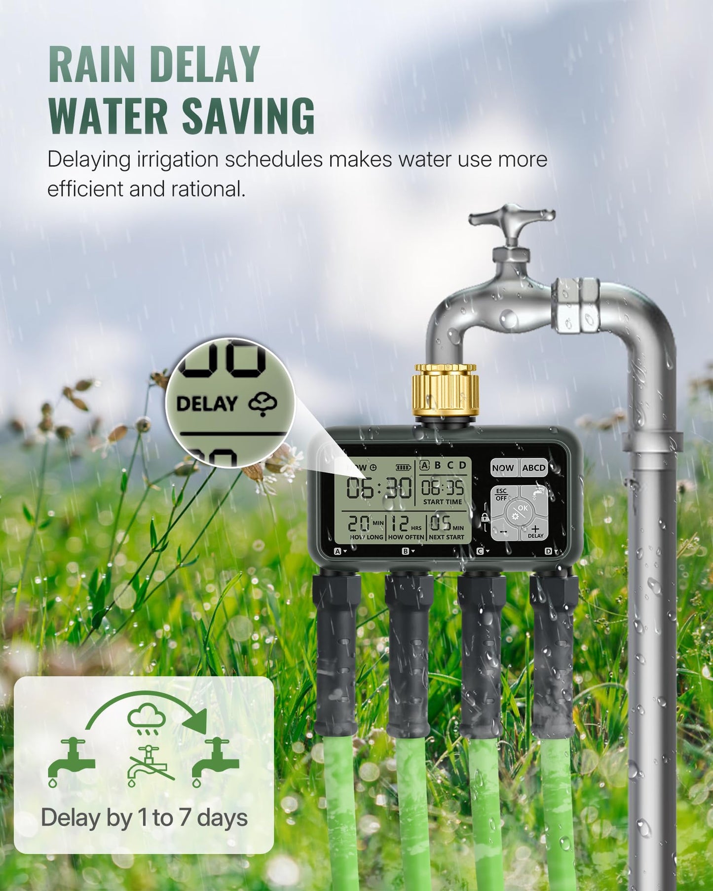 WILAWELS 4 Zone Brass Sprinkler Timer, Garden Hose Timer, Automatic Irrigation System, Programmable Faucet, 4 Outlets, with Rain Delay, Manual Mode,Child Lock, for Yard, Garden, Lawn, Green E14WT06
