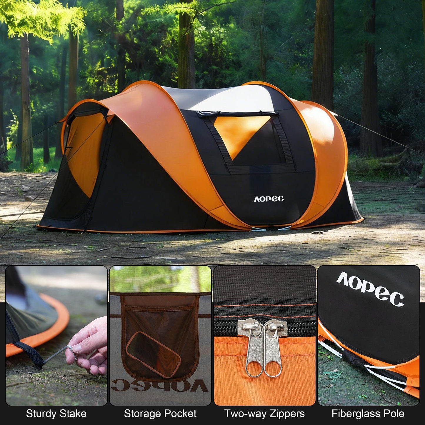 AOPEC Pop Up Camping Tent, 2/4/6 Person Instant Tent Waterproof PU4500mm, Spacious Ventilated Camping Tent with Front Porch, Quick Setup Lightweight Portable for Outdoor Camping Hiking Beach