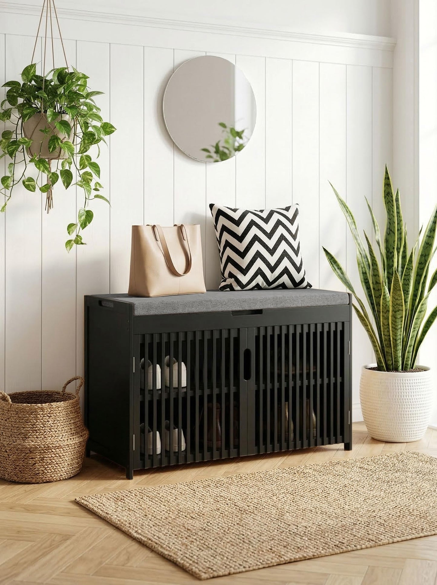 WISUCART Shoe Storage Bench with Cushion Seat, Bamboo Entryway Shoe Rack Bench, 2-Tier Shoe Organizer for Entryway, Bedroom, Hallway, Living Room, Holds Up to 330 lbs, Black