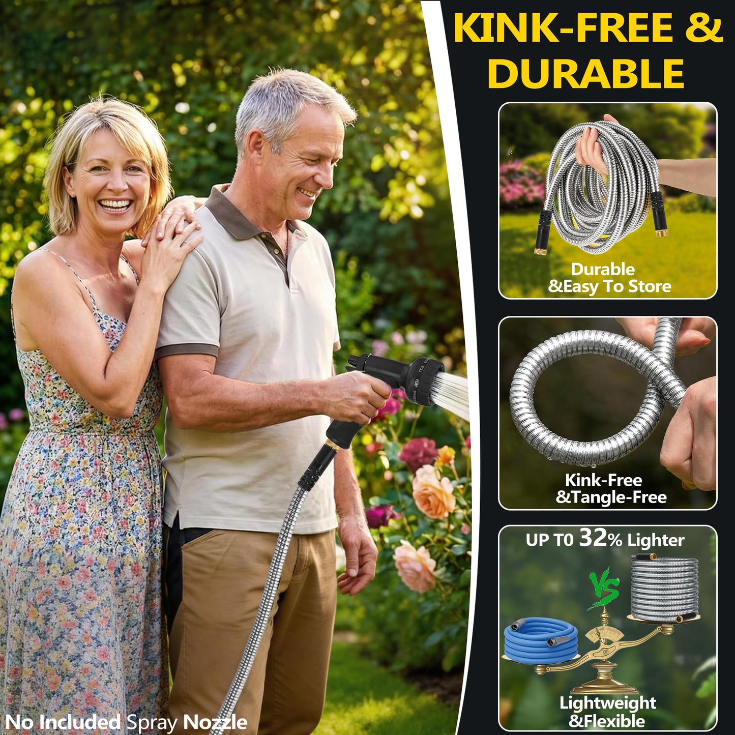 100 ft Stainless Steel Garden Hose - 2026 New Upgraded Metal Water hose - Flexible Water Hoses Pipes with Latex Core, 3/4" Solid Brass Connector - No-Expandable Watering Garden Hoses