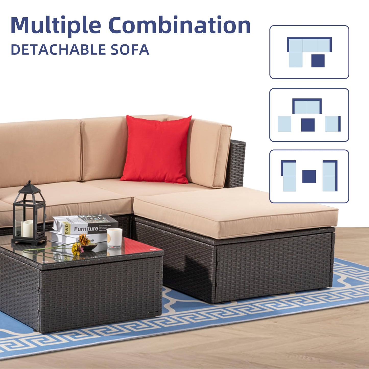 Vongrasig 5 Piece Patio Furniture Sets, Outdoor Patio Set Sectional Sofa, All-Weather PE Rattan Outdoor Couch with Ottoman, Glass Table for Garden, Backyard, Porch, Beige