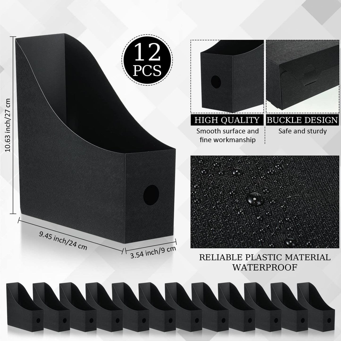 Geyee 12 Pack Magazine File Holder Plastic Desk Organizer Magazine Holder Storage Heavy Duty File Boxes for Home Storage and Office Organization(Black)