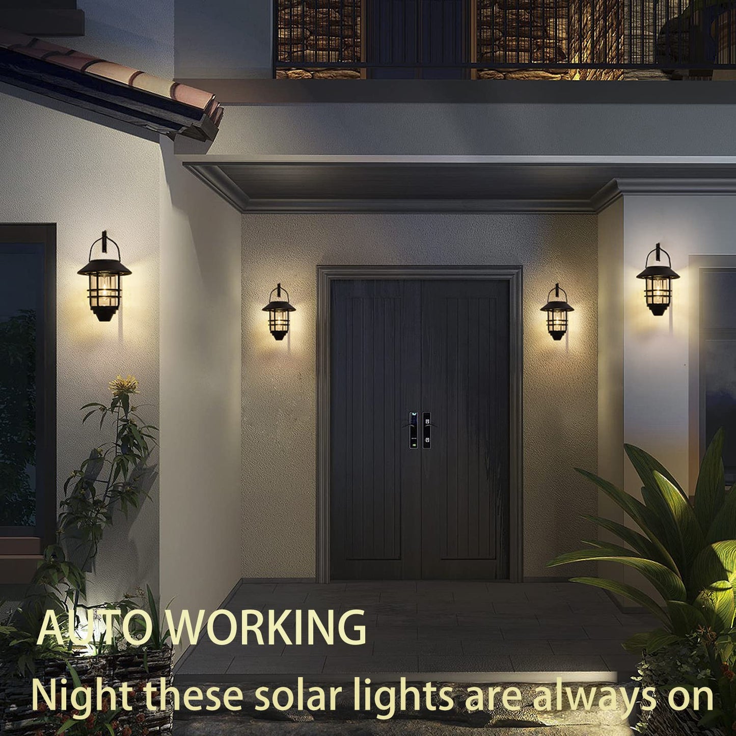2 Pack Solar Lanterns Outdoor, Hanging Solar Lights for Outside Glass Metal with Wall Mount Bracket,Waterproof Auto Dusk to Dawn Garden Lantern for Fence Porch Decor- Warm White