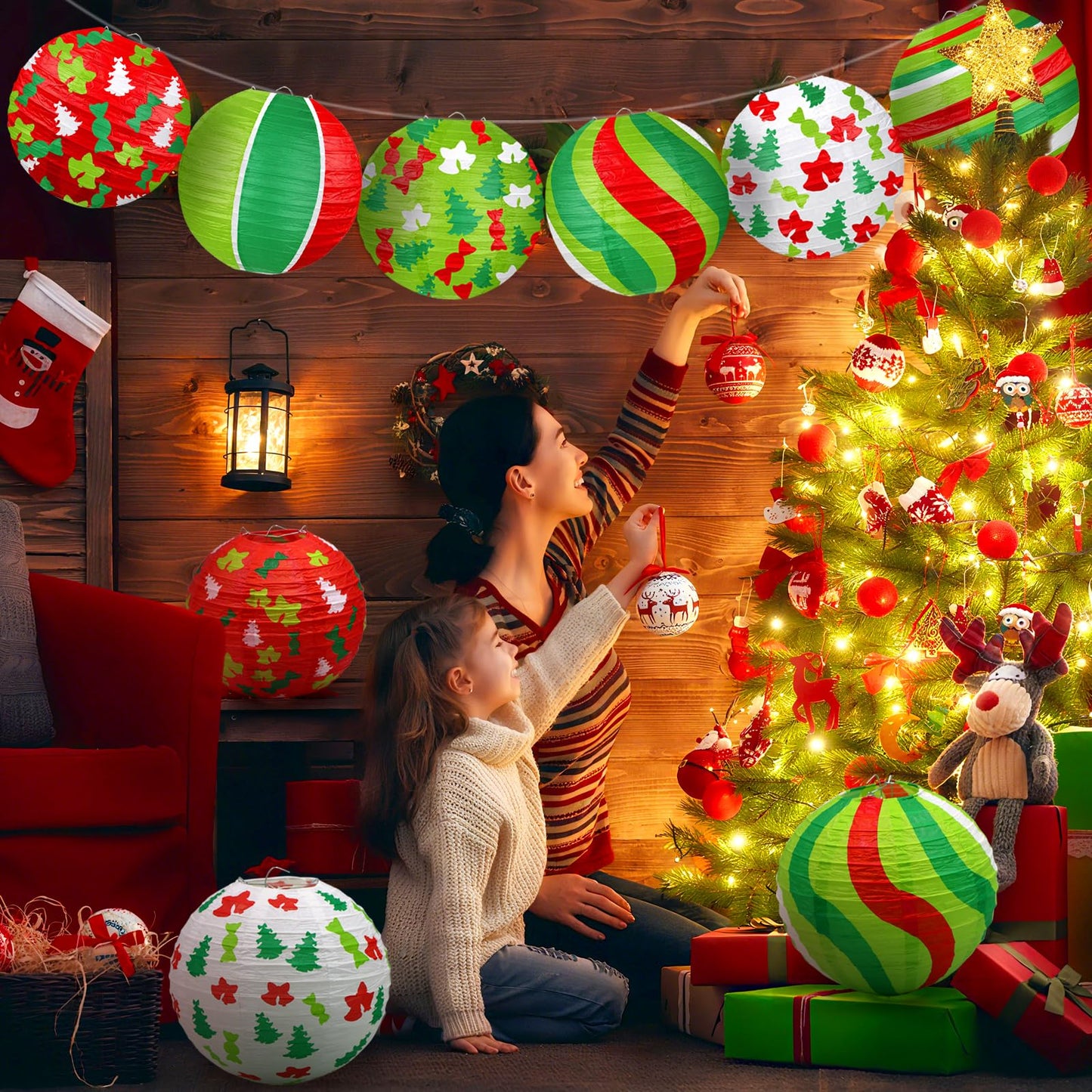 ADLKGG Christmas Party Decorations, Red Green Christmas Trees Bell Candies Printed Paper Lantern Decorative for Holiday Xmas Party Baby Shower Birthday Indoor Outdoor, 12Pcs